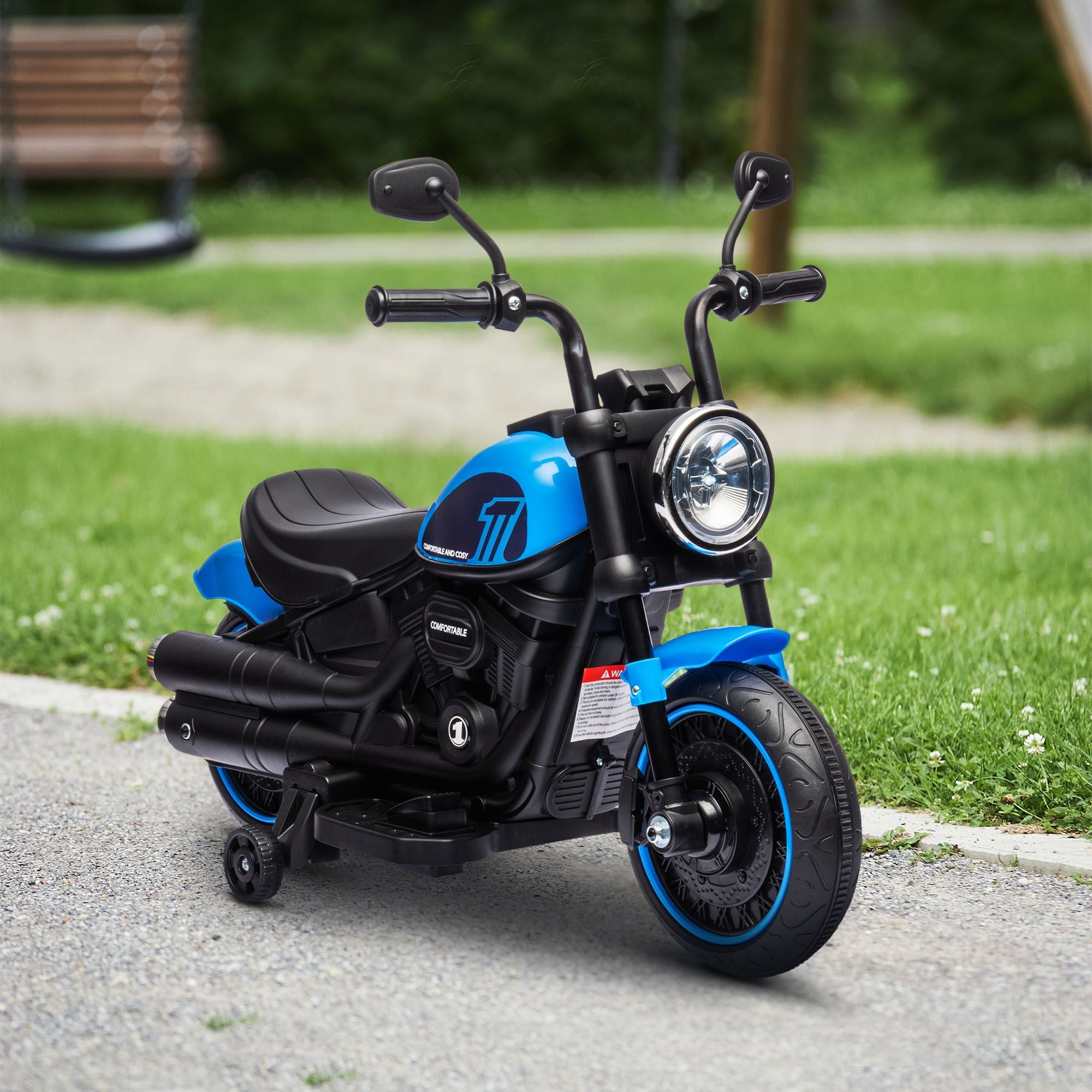 6V Kids Motorcycle Ride-on with Training Wheels Single-Button Start Blue Battery-Operated Vehicle