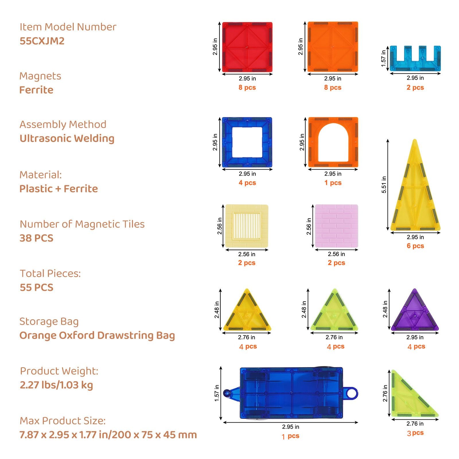 Magnetic Tiles Set – 55PCS STEM Educational Building Toy with Storage Bag