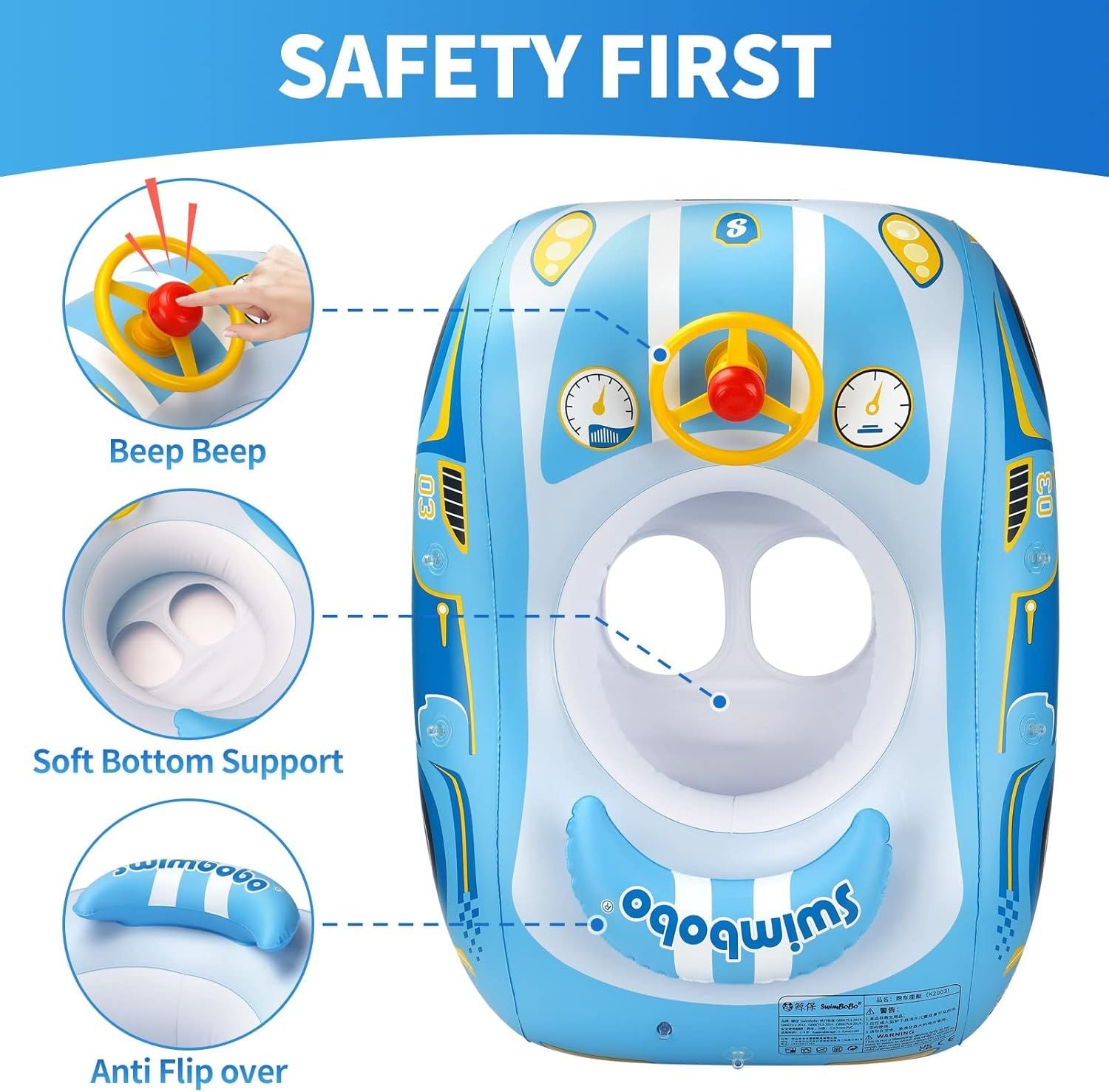 Toddler Pool Float with Seat Boat Inflatable Ride-on Car for Kids Outdoor Toys