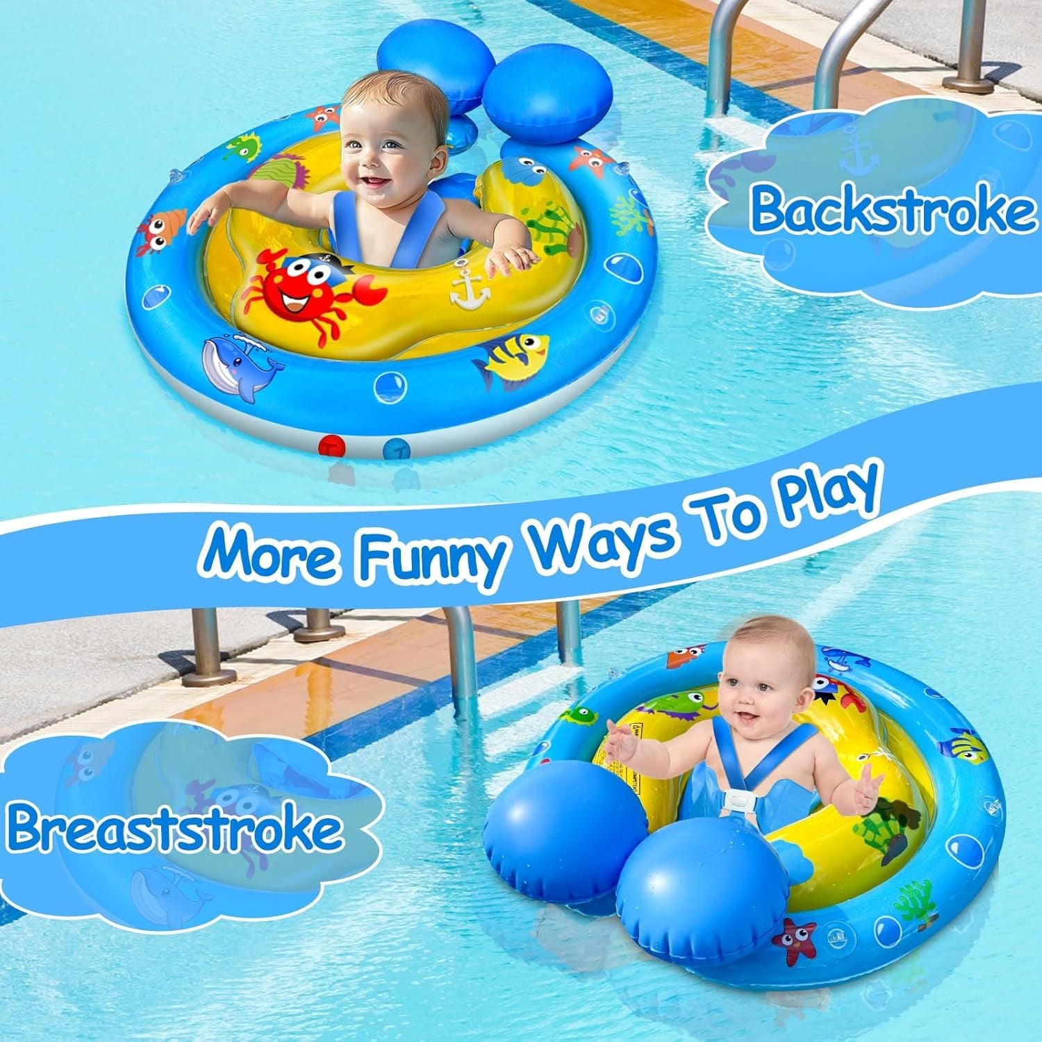 Baby Pool Swimming Float with Removable Canopy & Adjustable Seat - UPF50+ Sun Protection, Double Tail Airbag for Stability - Safe Pool Float for Infants Toddler 6-36 Months, Extra-Wide Baby Swim Ring