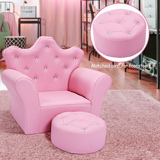 Children’s Princess Sofa Set with Ottoman – Upholstered Toddler Couch with Sparkling Diamond Design for Kids Ages 3-5