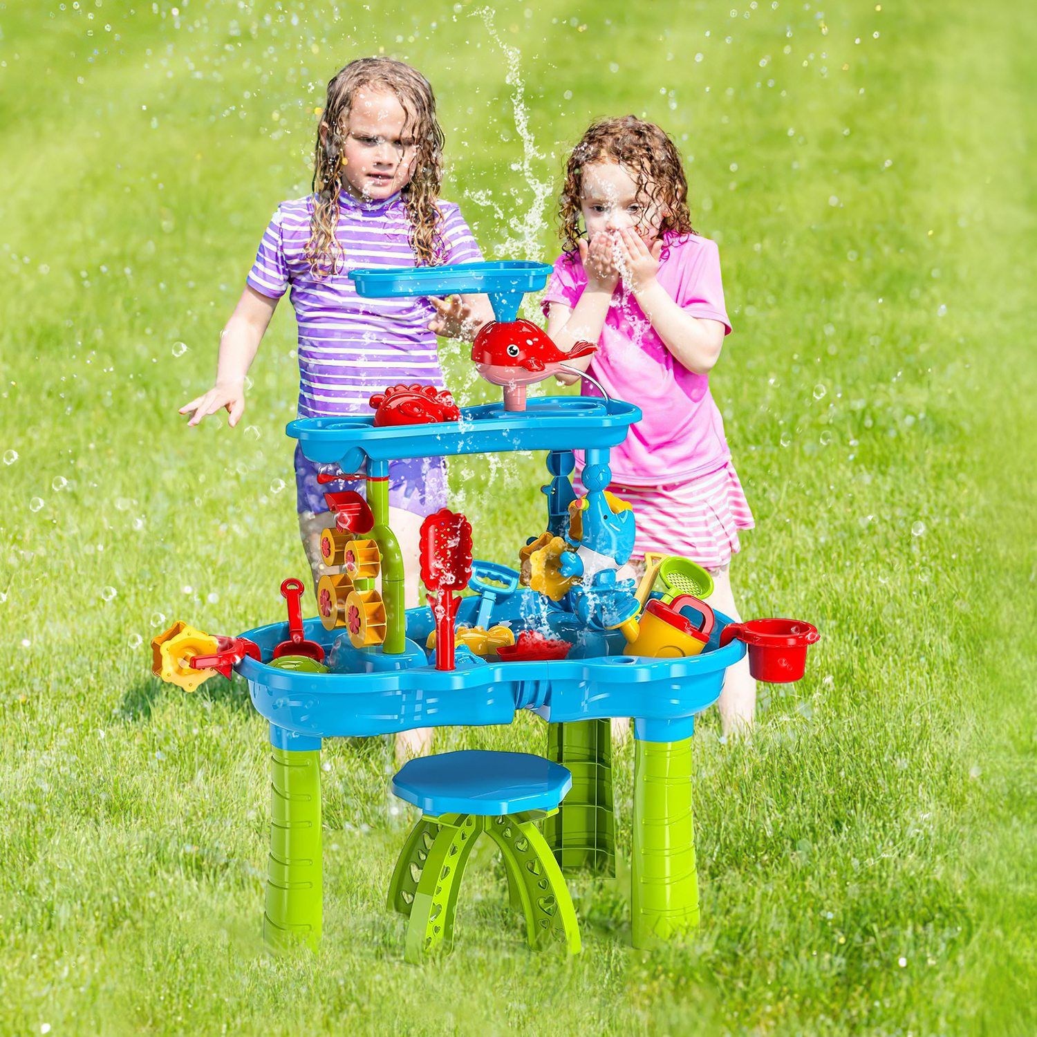 3-Tier Kids Sand & Water Activity Table with Rain Shower, Chair & Accessories
