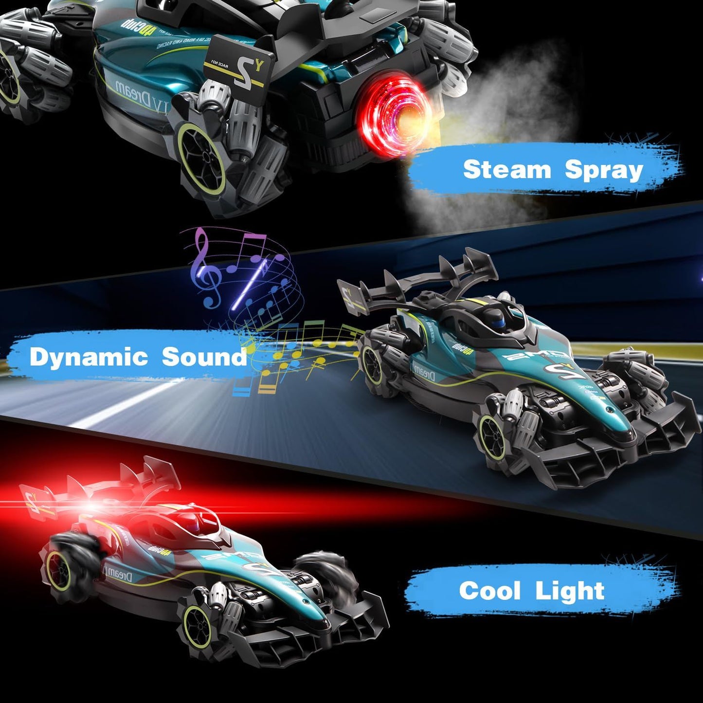 Toy car with steam spray, dynamic sound, and cool light features on a dark background