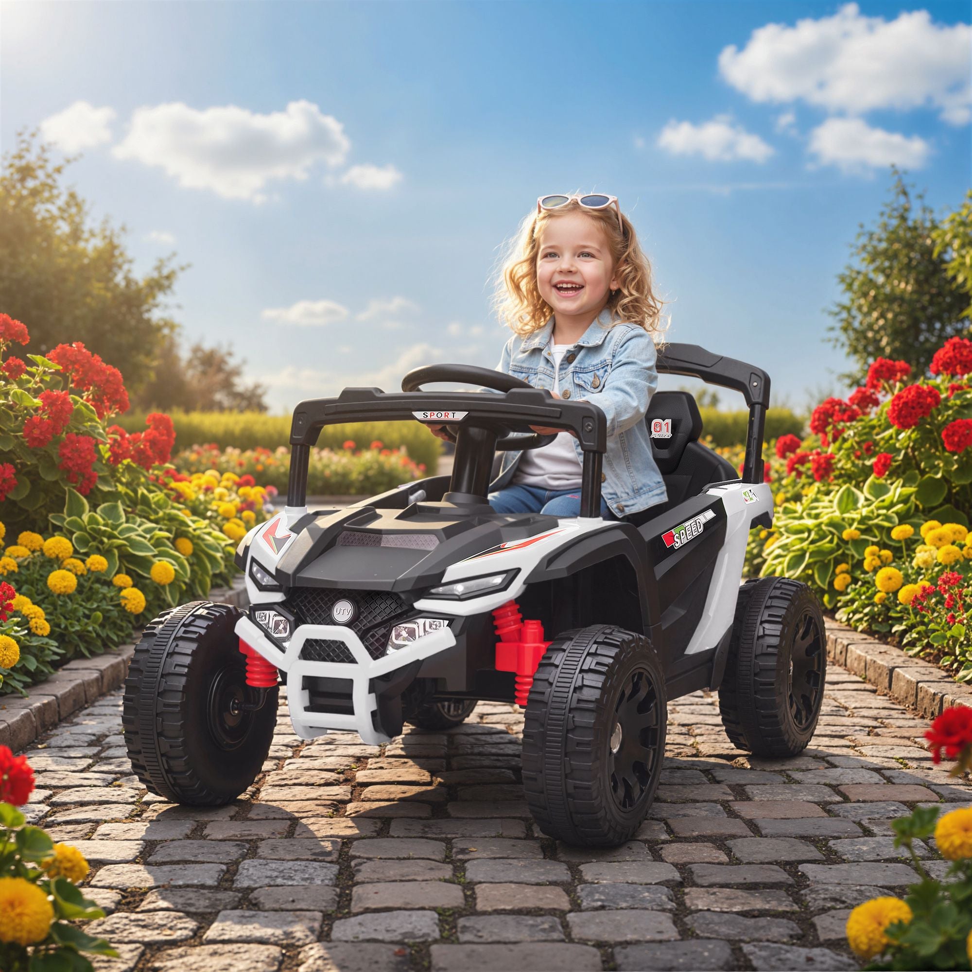 Battery-Powered 12V Kids Electric UTV Truck - Remote Controlled Vehicle with Suspension for Kids Aged 3-5, White