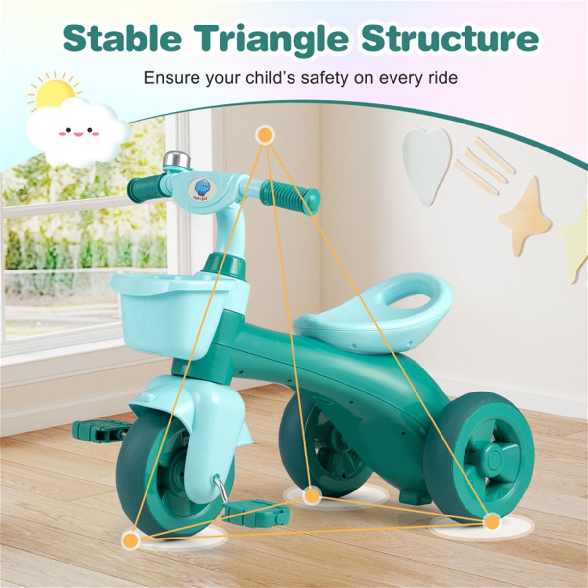 Toddler Tricycle for 3-5 Years - Stable Triangular Structure, Front & Rear Storage Baskets