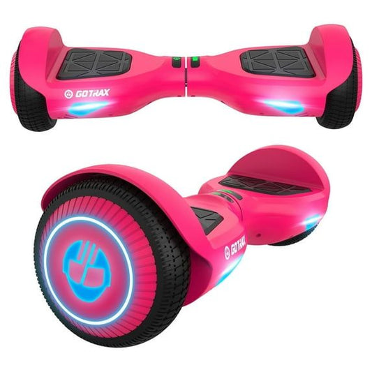 Pink hoverboard with glowing wheels on a white background
