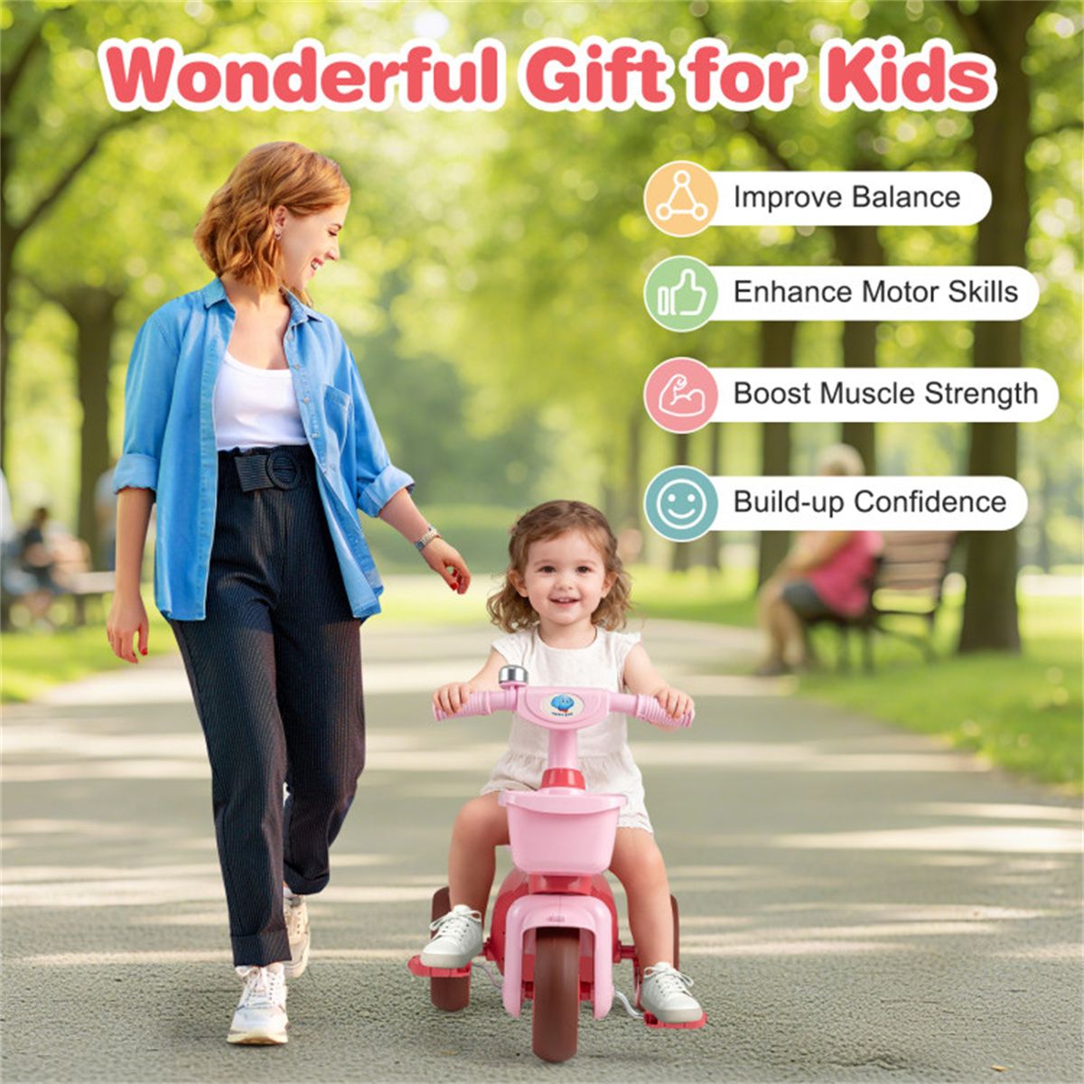 Toddler Tricycle for 3-5 Years - Stable Triangular Structure, Front & Rear Storage Baskets