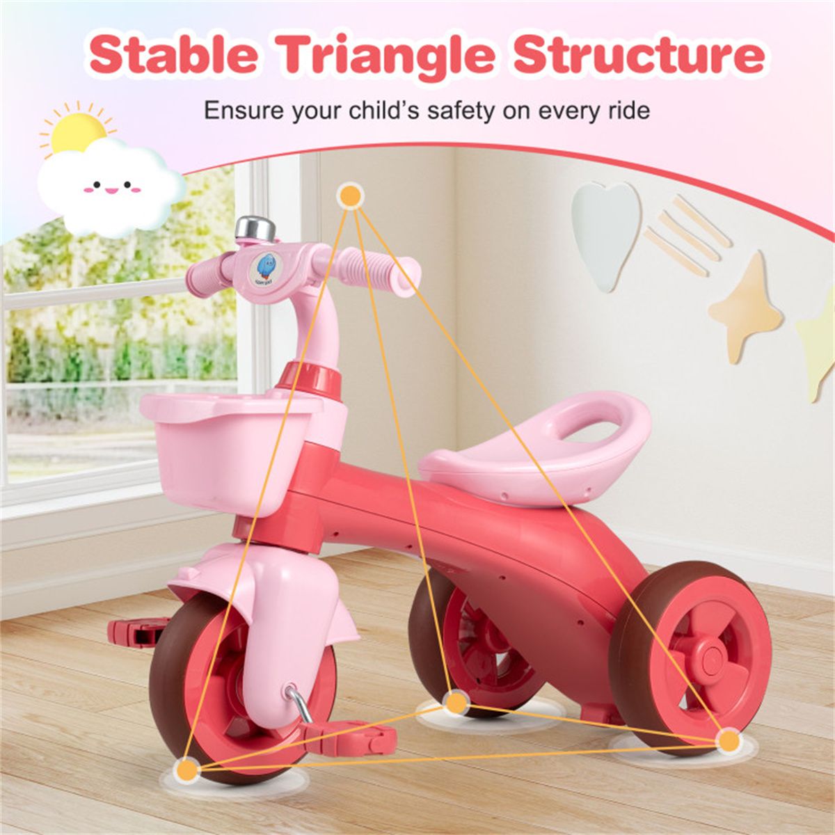 Toddler Tricycle for 3-5 Years - Stable Triangular Structure, Front & Rear Storage Baskets