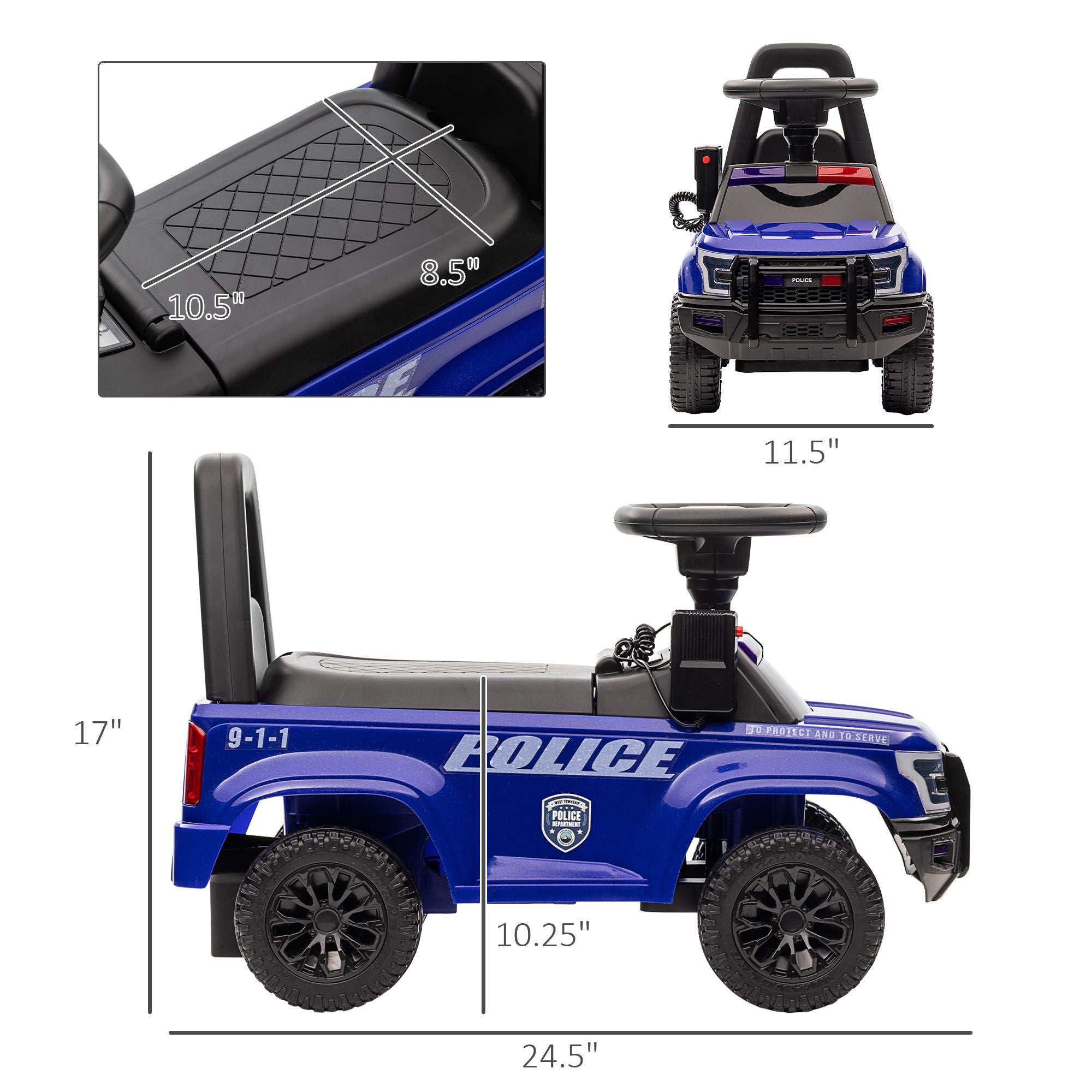 Kids Blue Ride-On Push Car with Megaphone, Sliding Toy with Under Seat Storage, Removable Backrest for Ages 2-5