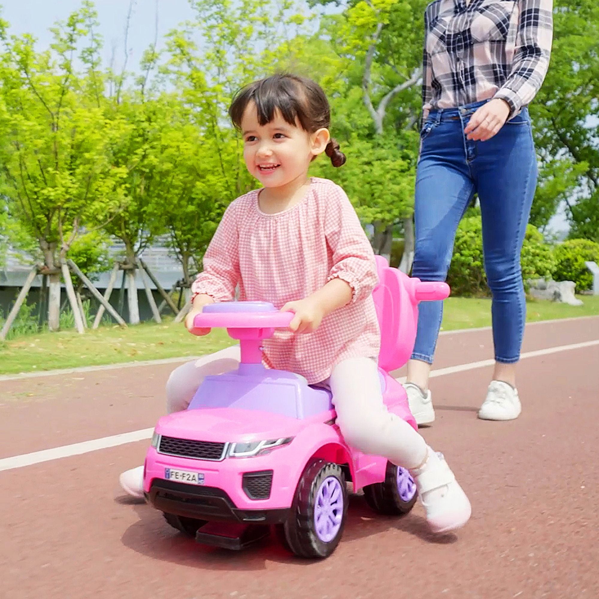 3 in 1 Toddler Ride-On Car, Push Car, Sliding Walking Toy, Horn, Music, Light, Pink, 1-3 Years Old