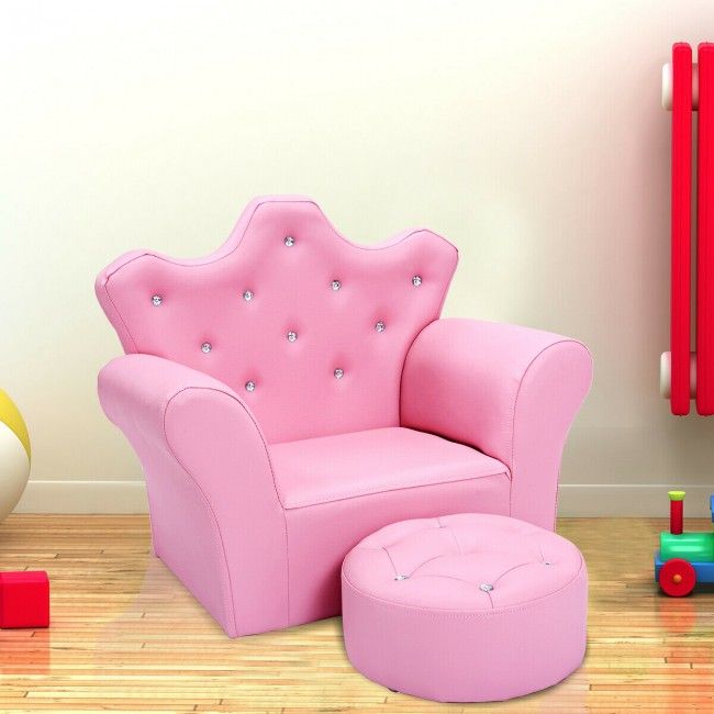 Children’s Princess Sofa Set with Ottoman – Upholstered Toddler Couch with Sparkling Diamond Design for Kids Ages 3-5