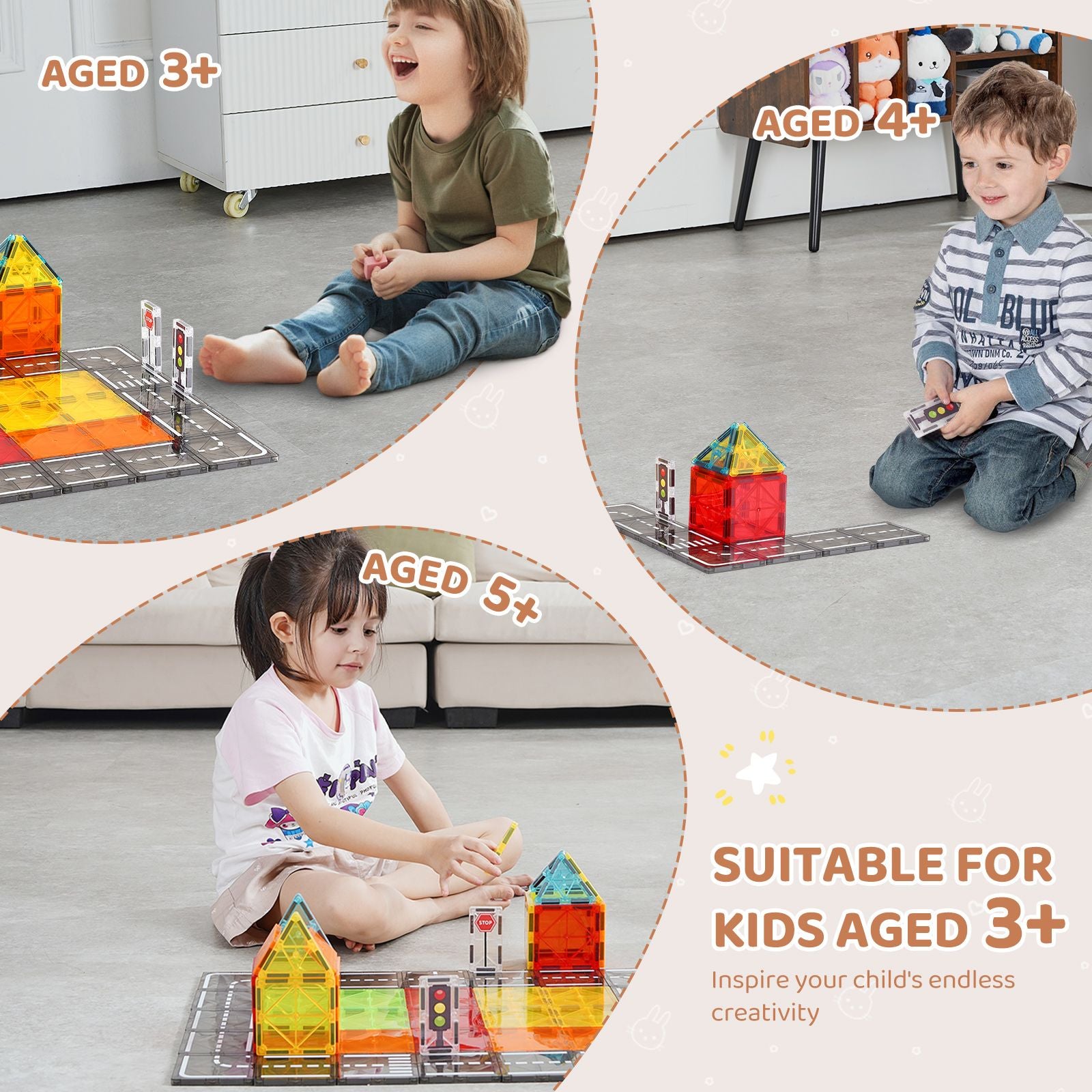 Magnetic Tiles Set – 56PCS STEM Educational City Building Toy with Storage Bag