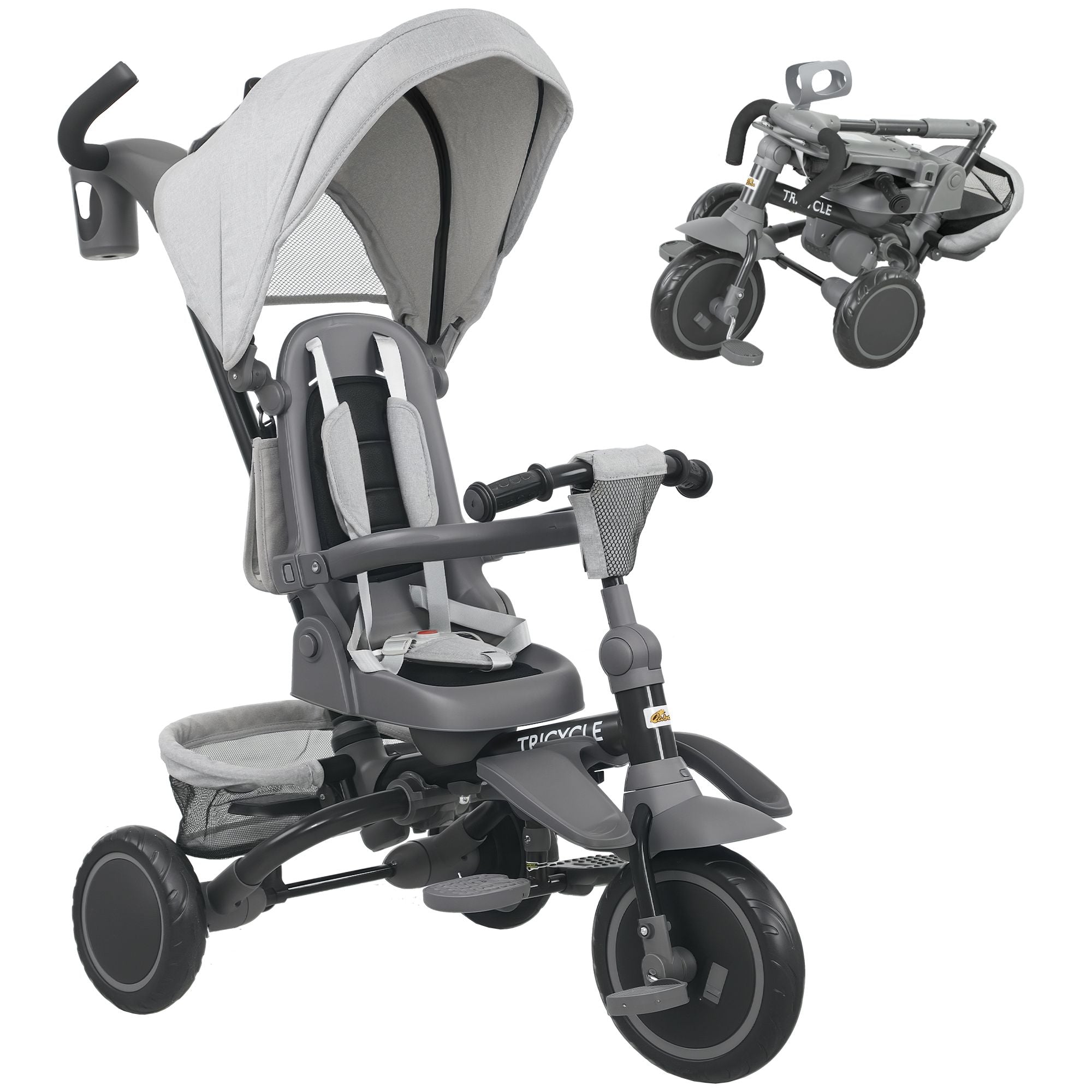 Versatile Kids Tricycle - 6 in 1 with Adjustable Handle & Removable Canopy for 1-5 Year Olds, Gray