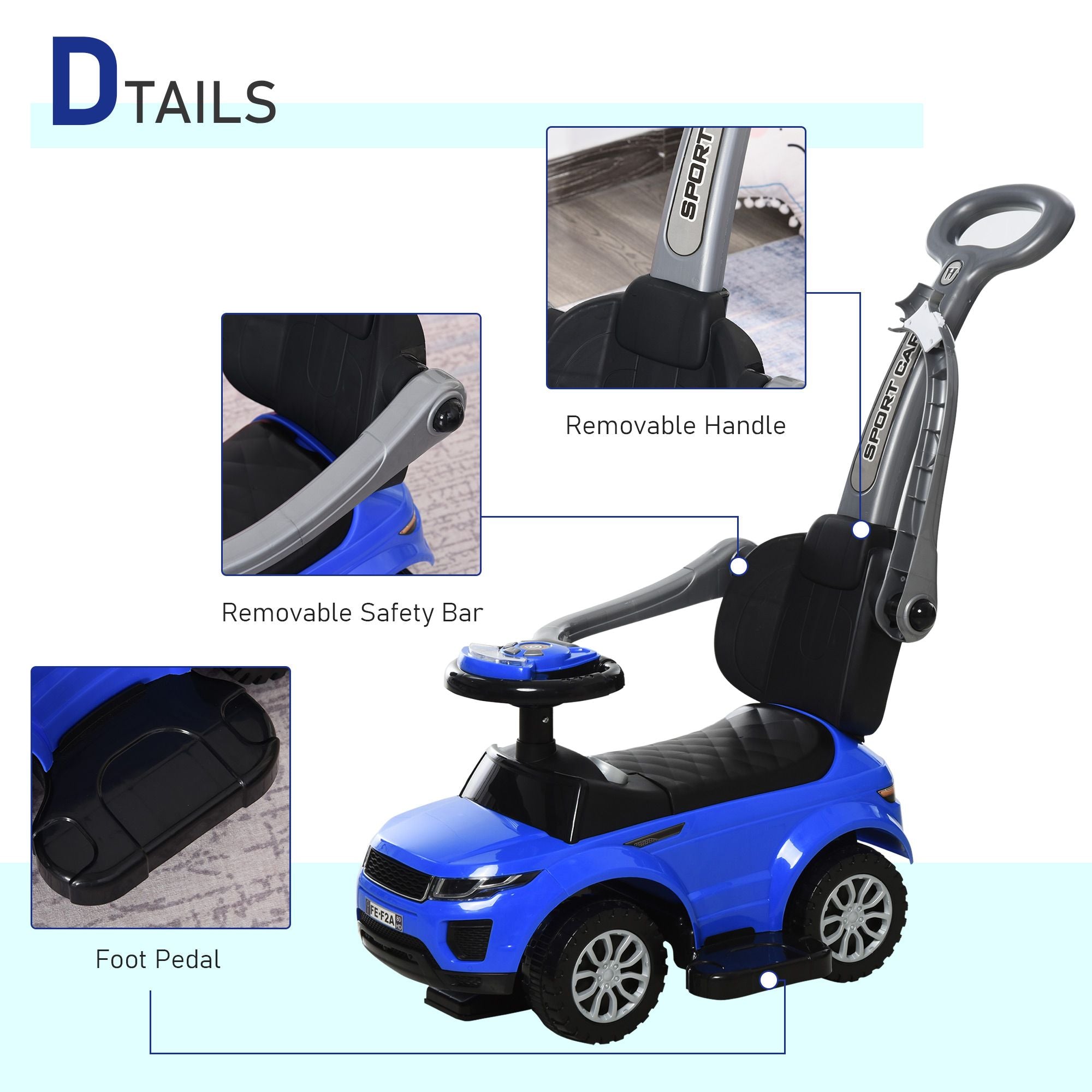 Deluxe Blue 3-in-1 Push Car for Toddlers - Horn, Music, and Light Features
