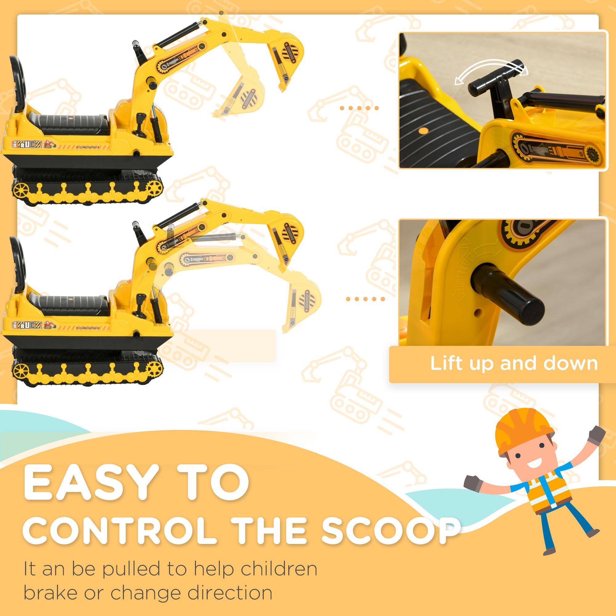 Kids Excavator Toy with Rotatable 2-in-1 Ride-On Excavator Toy – Toddler Walker & Construction Digger Ride-On (No Battery)Digging and Storage Bucket, Kids Ride-on Construction Car for 3-8 Years Old, Yellow & Black
