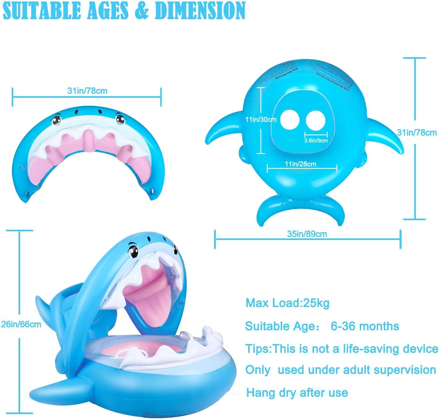 SharkSplash™ Baby Pool Float with Canopy – Inflatable Shark Swim Float for Toddlers & Kids up to 36 Months