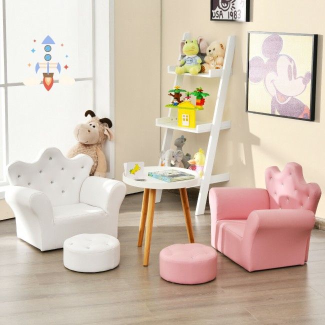 Children’s Princess Sofa Set with Ottoman – Upholstered Toddler Couch with Sparkling Diamond Design for Kids Ages 3-5