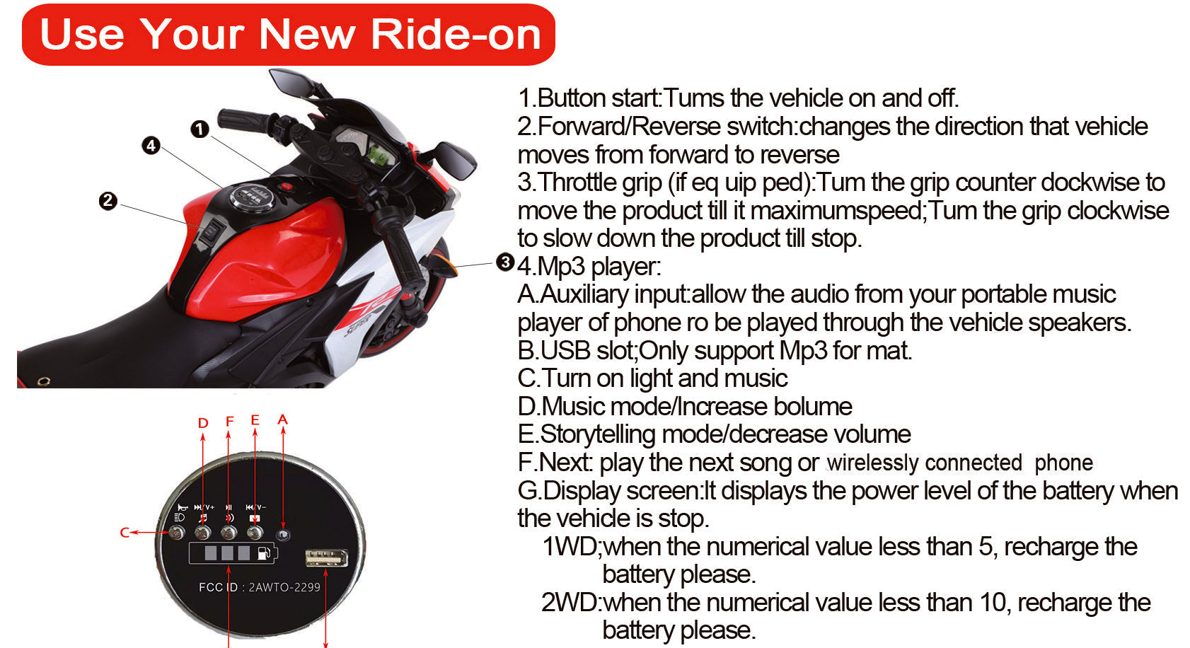 Electric motorcycle/ 12V Kids toys motorcycle/Kids electric car/electric ride on toys for 3 4 5 6 years Boys Girls with Training Wheels/manual throttle/ drive by hand/Lighting wheels