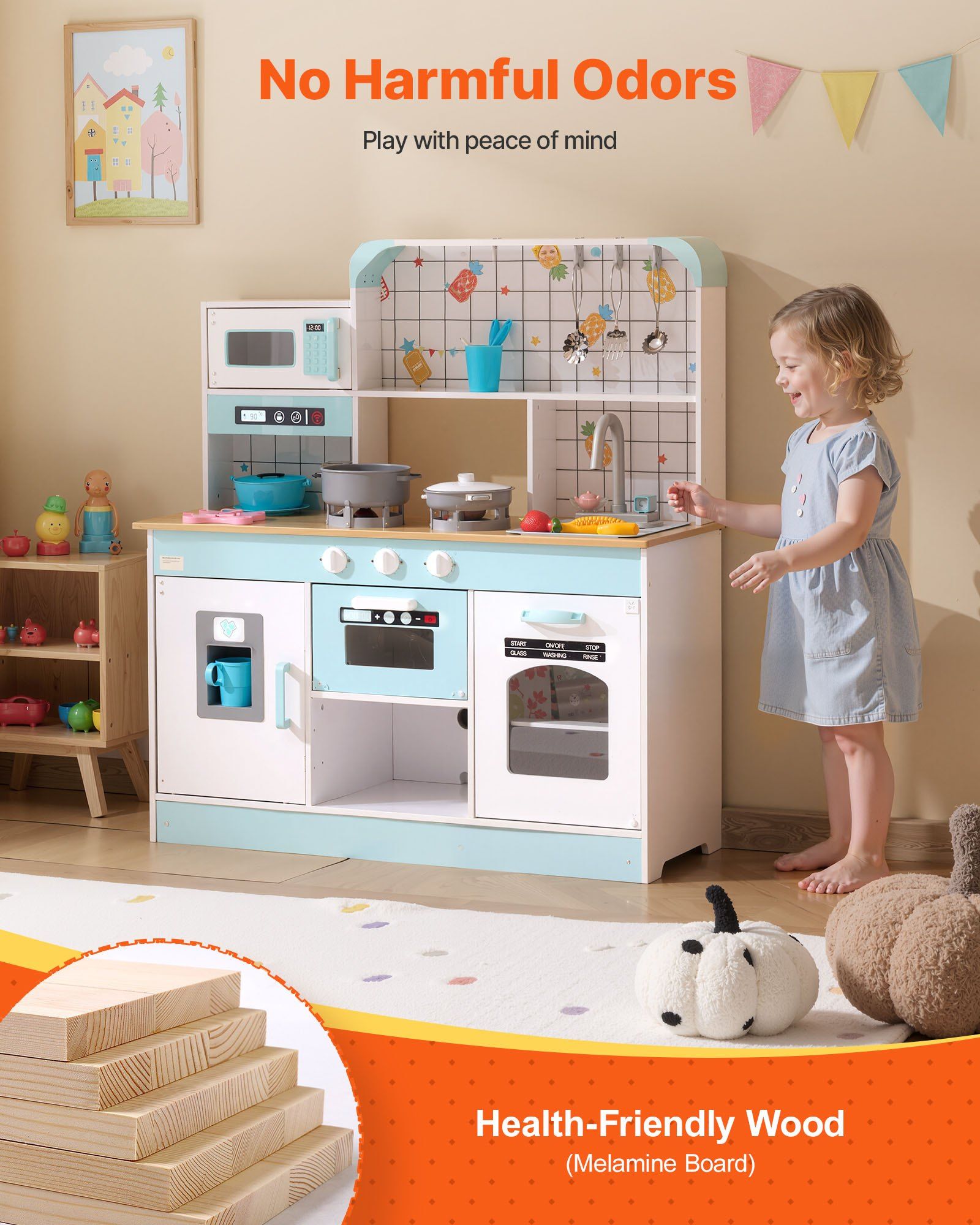 Toddler Wooden Kitchen Play Set - Complete Toy Kitchen with Ice Maker, Oven, and Fruity Accessories for Creative Play