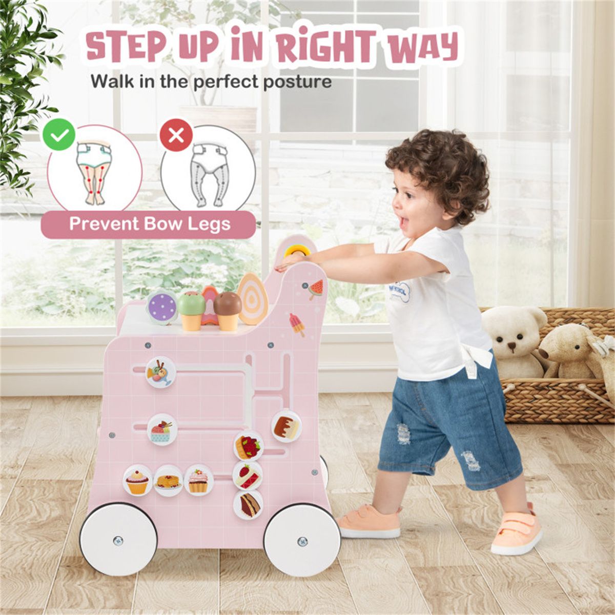 2-in-1 Baby Walker with 8 Fun Activities (Dessert Sorter/Adjustable Clock/Maze) + Side Shop Window (Role Play)-Pink