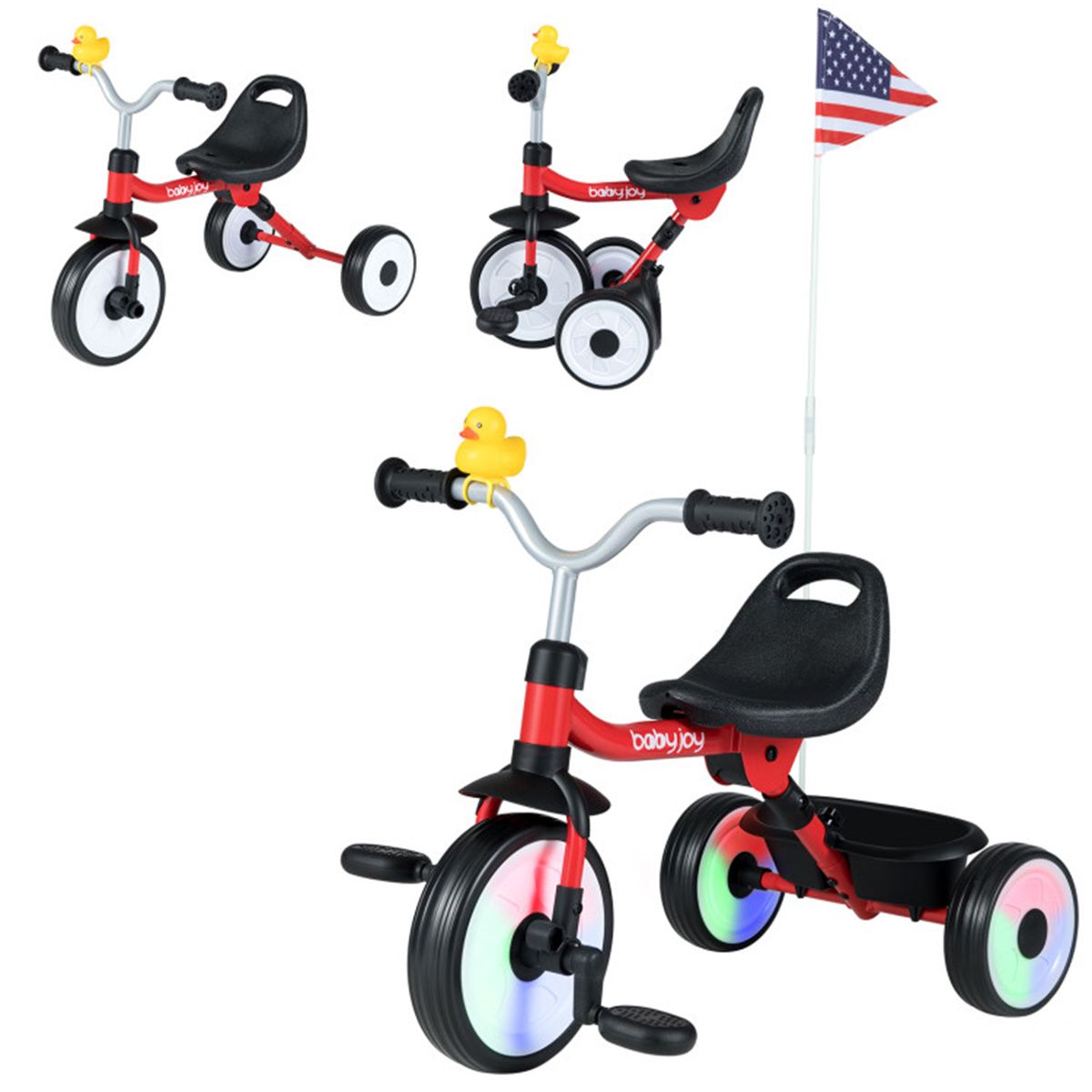 Toddler Tricycle with Rainbow LED Wheels, Foldable 3-in-1 Balance Bike with Carbon Steel Frame, Removable Pedals & Rear Storage Basket-Red
