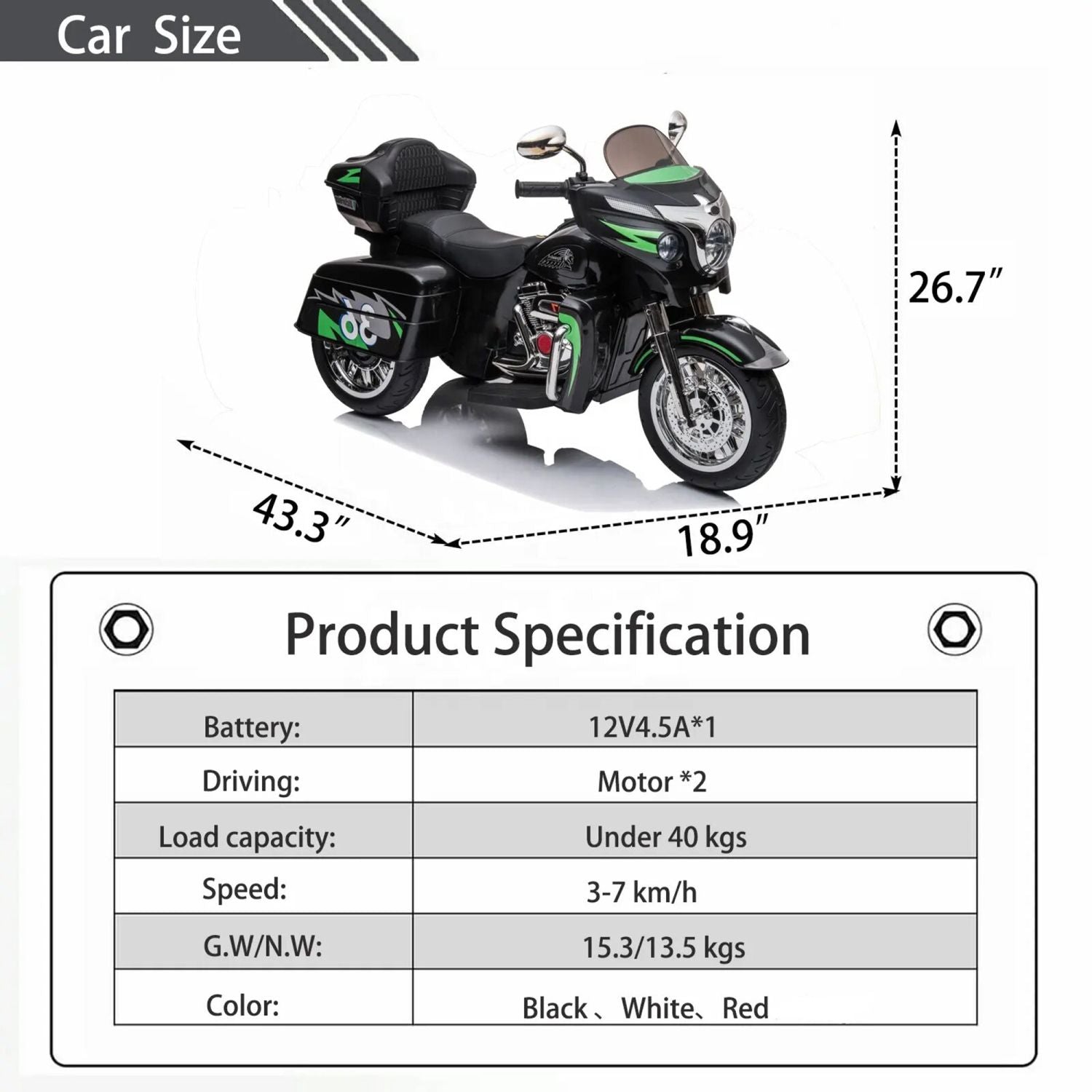 12V Dual-Seat Kids Electric Motorcycle with Storage Box