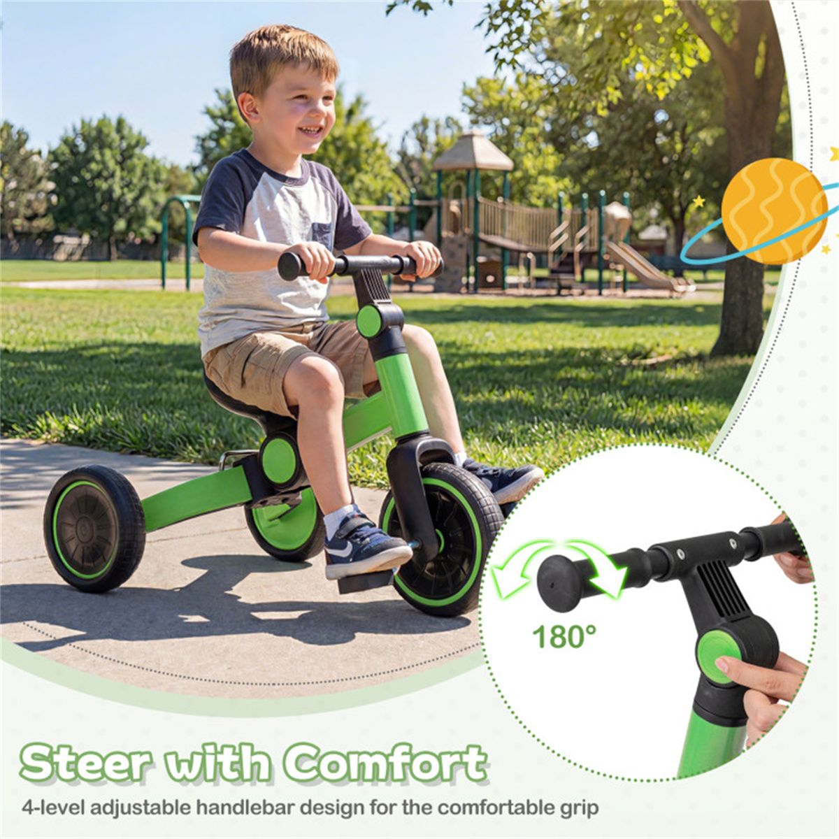5-In-1 Foldable Toddler Tricycle, Adjustable Handlebar & Ergonomic Seat with Removable Pedals - Green