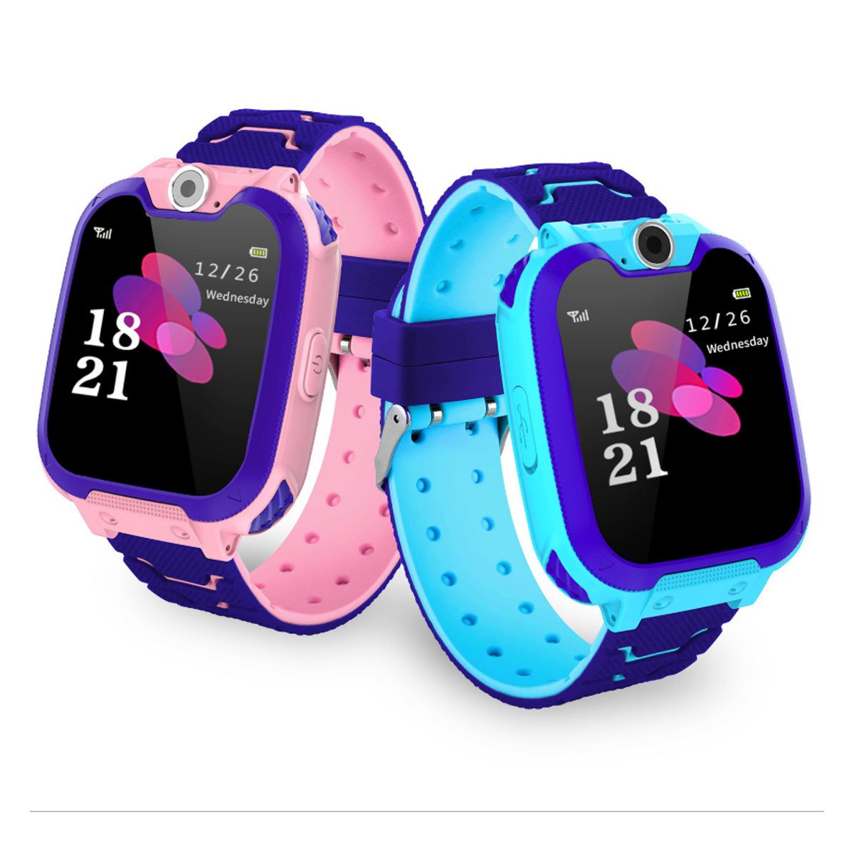 Two children's smartwatches, one pink and one blue, on a white background.