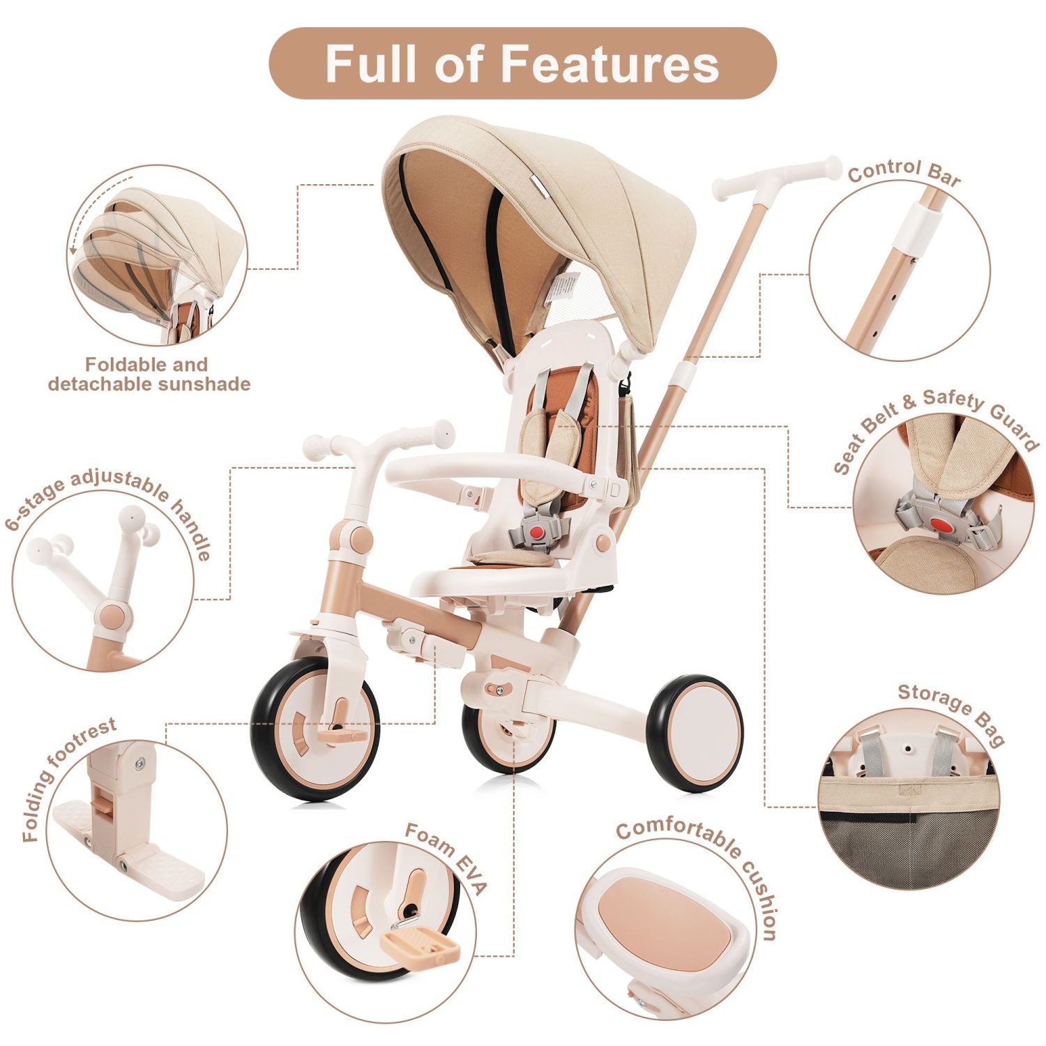 7-in-1 Premium Baby Tricycle - Ultimate Toddler Ride-On with Parent Handle, Adjustable Canopy & Safety Features, Perfect for Kids Aged 12-72 Months in Light Brown