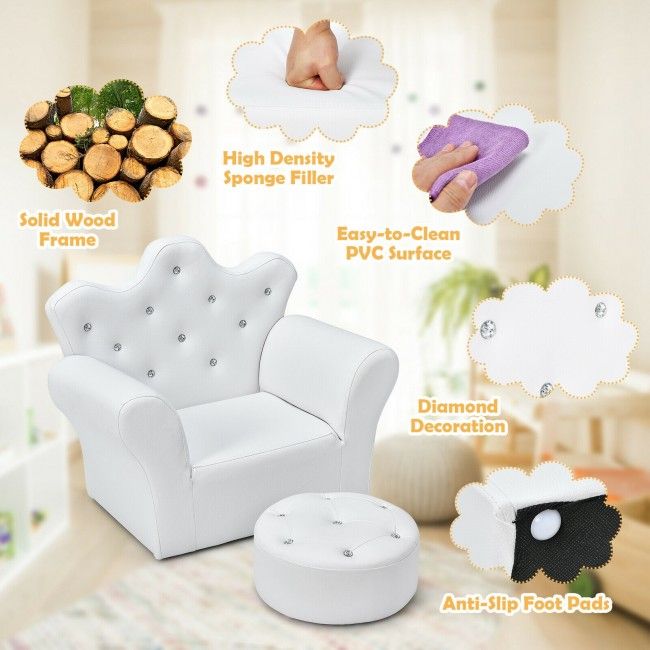 Children’s Princess Sofa Set with Ottoman – Upholstered Toddler Couch with Sparkling Diamond Design for Kids Ages 3-5