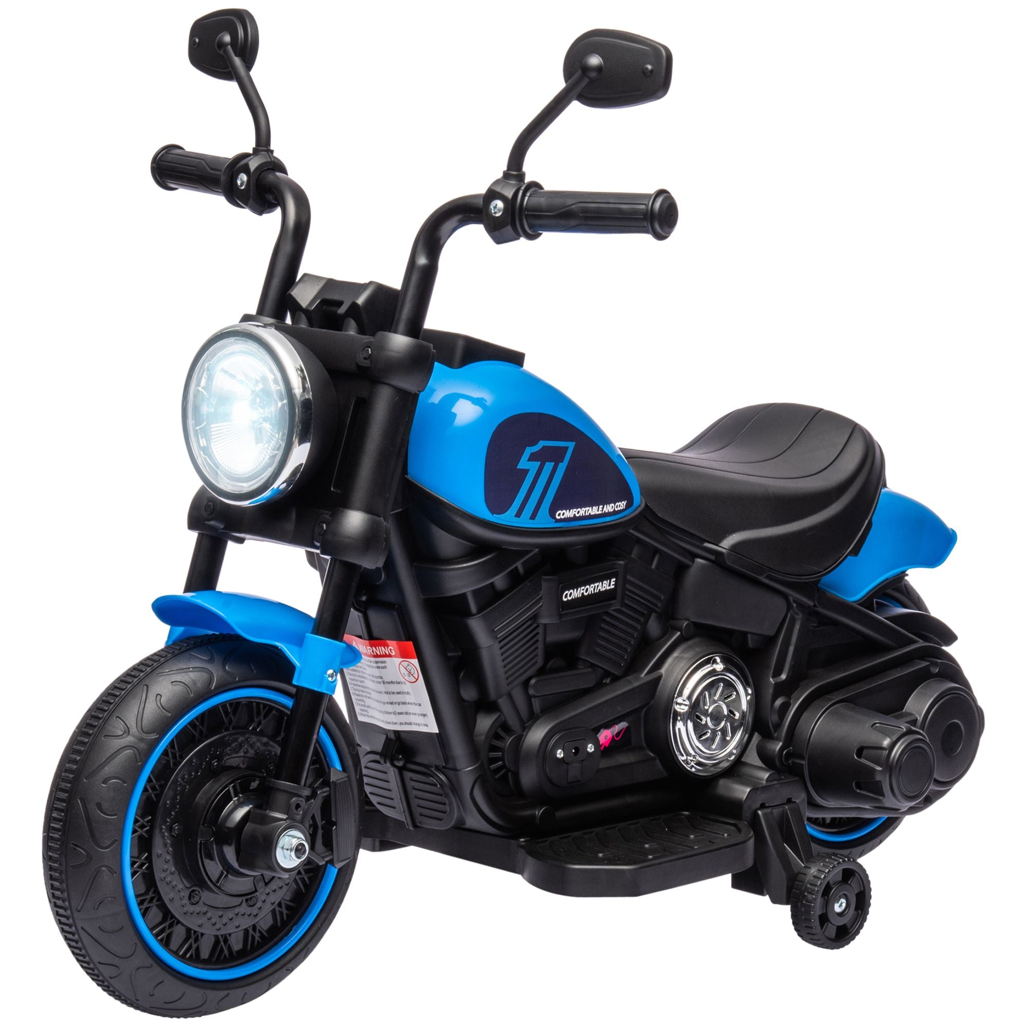 6V Kids Motorcycle Ride-on with Training Wheels Single-Button Start Blue Battery-Operated Vehicle