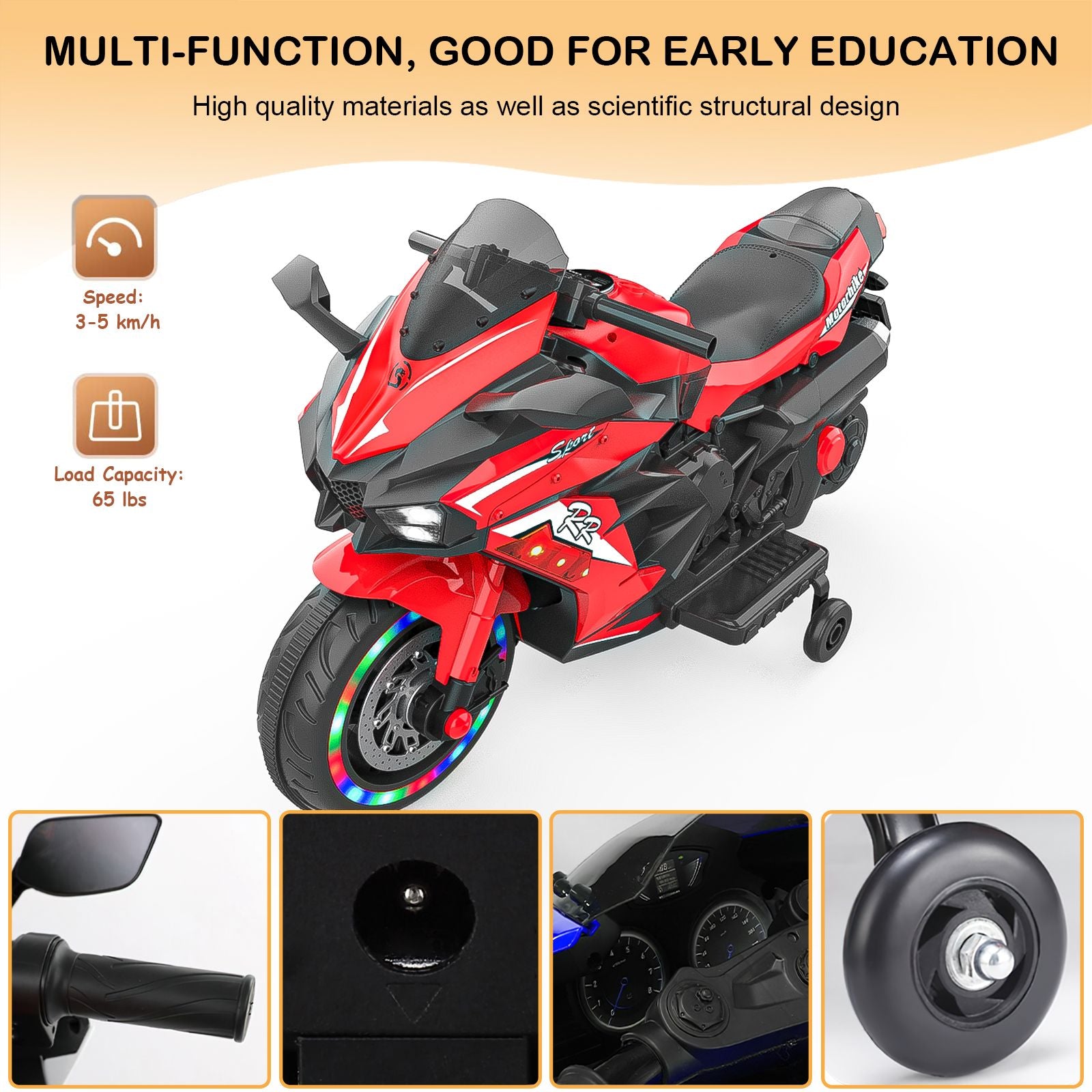 Kids Powered Ride-ons Toy, Kids Motorcycle for 3-6Years, 12V Electric Ride on Motorcycle with Light Wheel & Bluetooth Music-Red