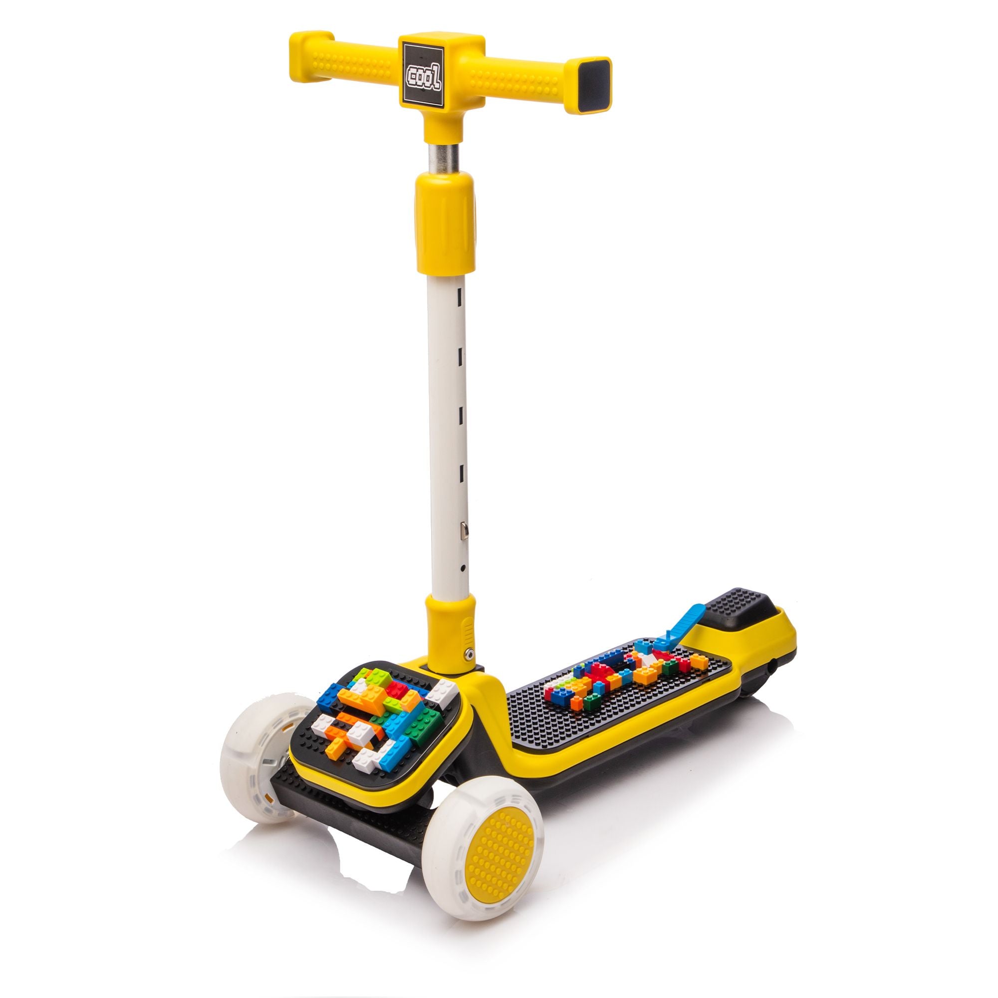 Kids Ride On 3-Wheel Scooter W/Buildable blocks, PU flashing wheels and Folding Kick Scooter,Thickened custom aluminum tube,5-position height-adjustable handlebar&one-touch footbrake for Kids Aged 3-9