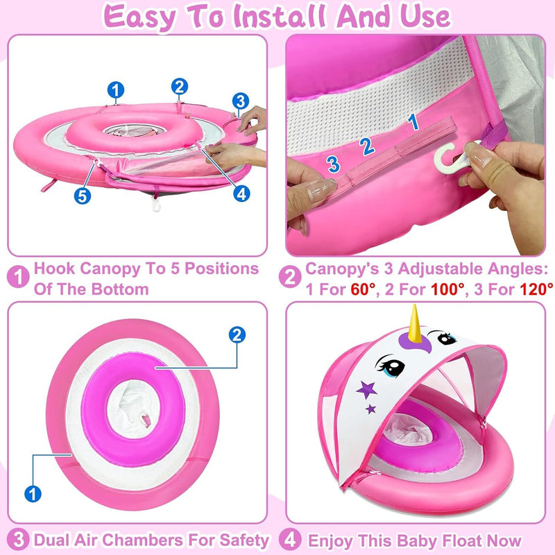 Unicorn Inflatable Baby Pool Float for Toddlers 6-36 Months with UPF50+ 4 Stage Adjustable Sun Canopy, Non-Flip Safety Seat, Dual Air Chambers, Infant Swim Training Float for Pool
