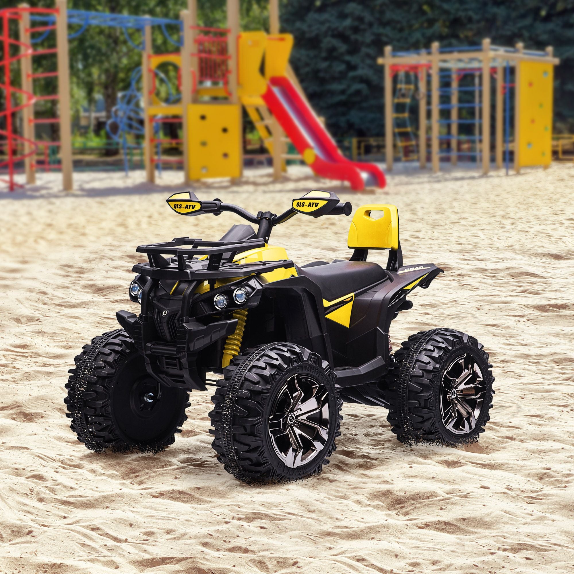 Kids ATV 12V Ride on Car with Music Realistic Headlights Wide Wheels Rechargeable Electric Yellow