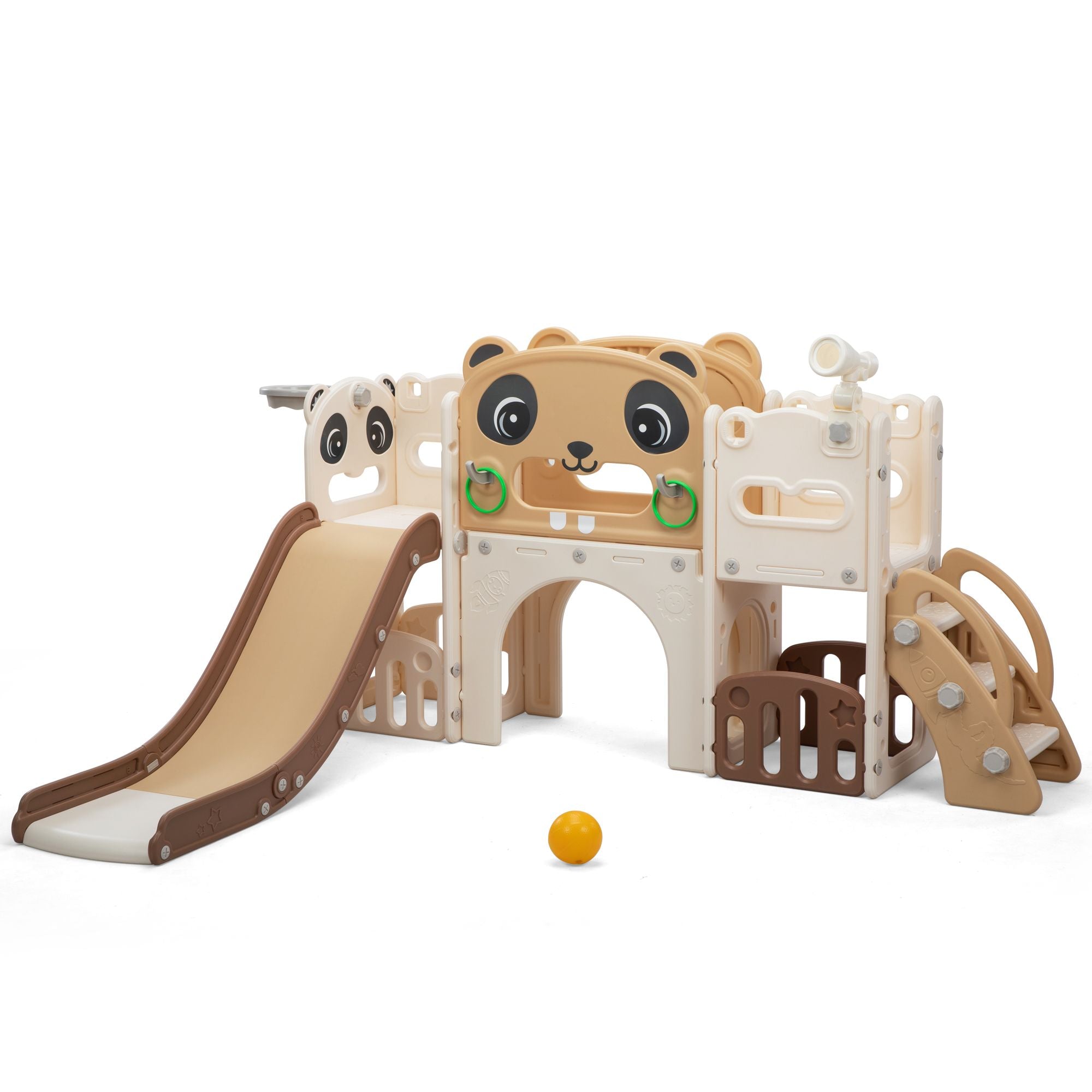 9-in-1 Large Toddler Slide and Climber Set, Kids Slide Playset with Basketball Hoop and Ball, Ring Toss, Lookout Tower, Telescope, Storage, Freestanding Slide for Indoor Outdoor, Panda-Themed