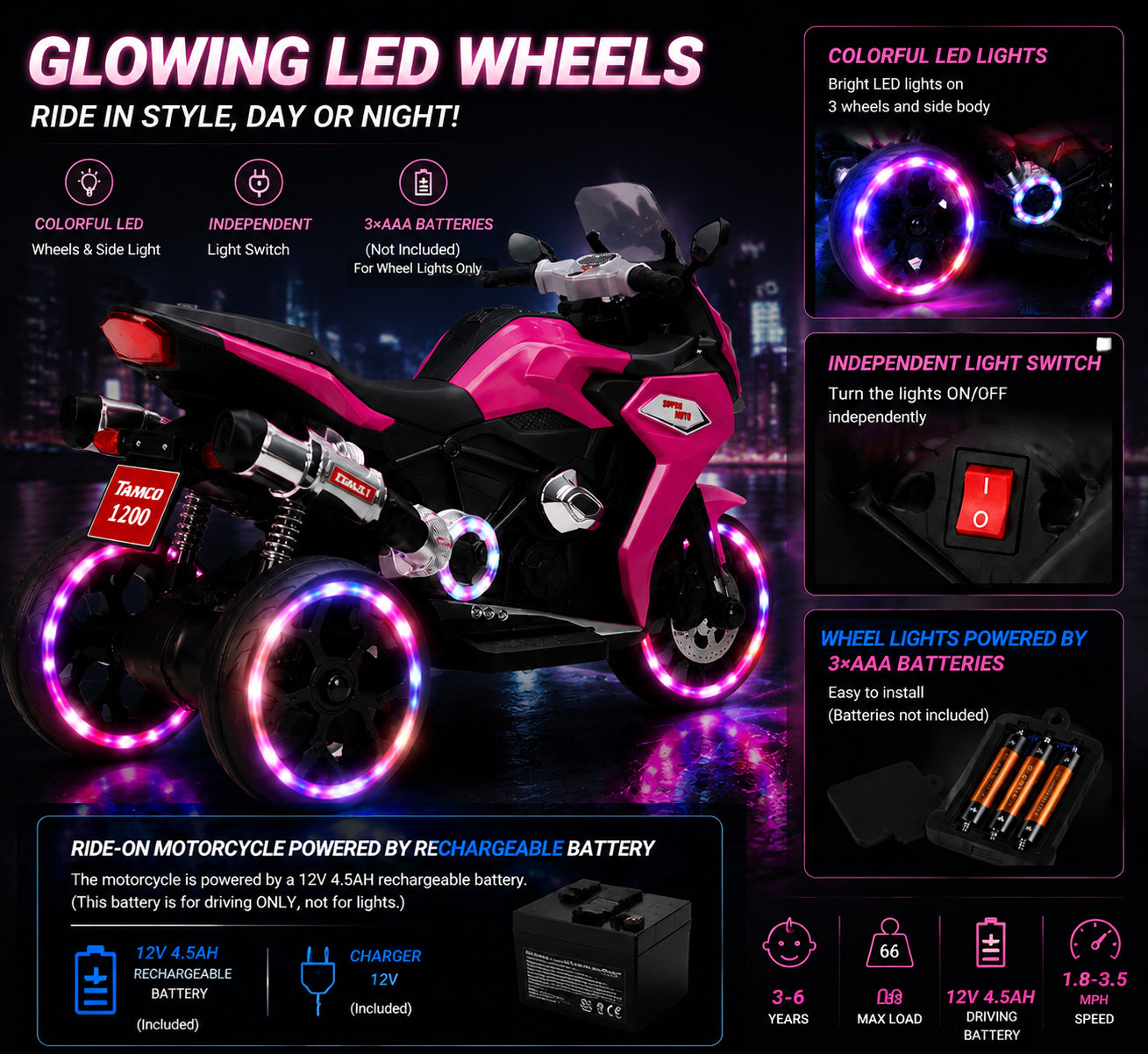 12V Kids Electric Motorcycle Trike with LED Wheels | Ride-On Trike for Ages 3–6