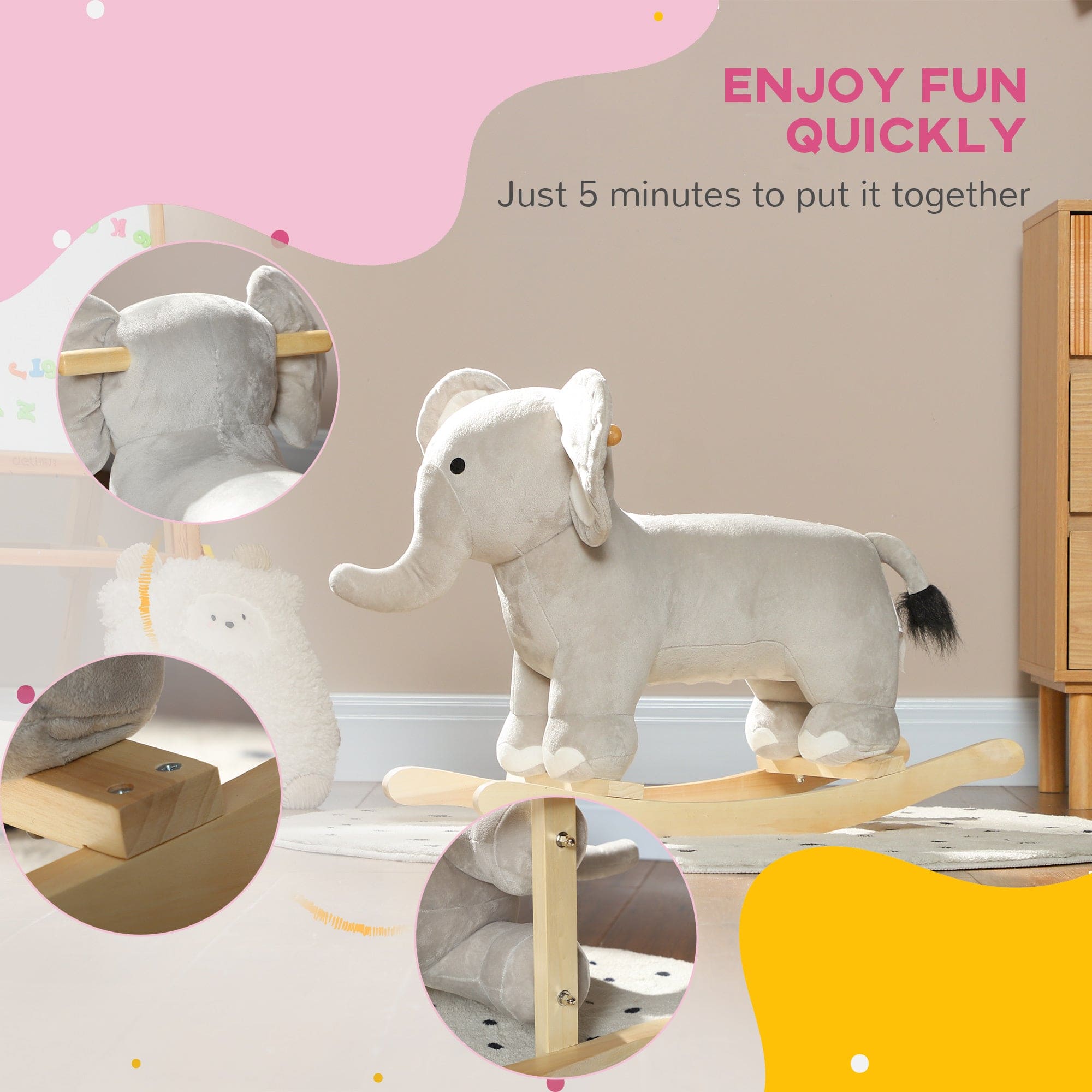 Qaba Rocking Horse, Kids Rocking Animal, Elephant Rocker with Realistic Sounds, Plush Ride on Toy for Years 2-4, Gray - The Little Big Store