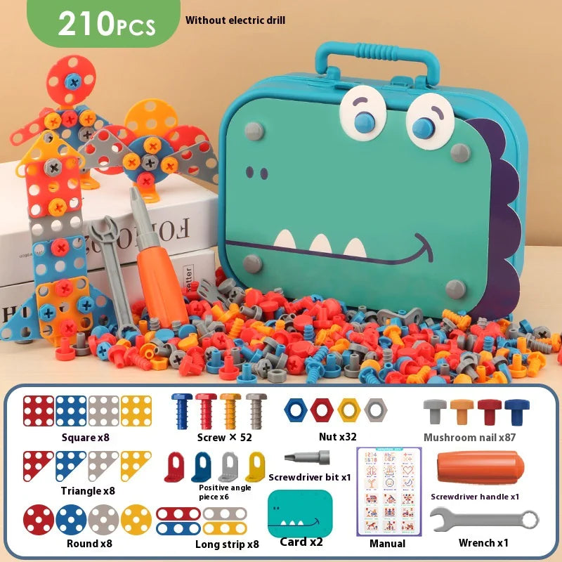 Kids Electric Screw Tool Box β 210 to 220 PCS DIY Construction Toy Set with Optional Electric Drill for Creative Building Play