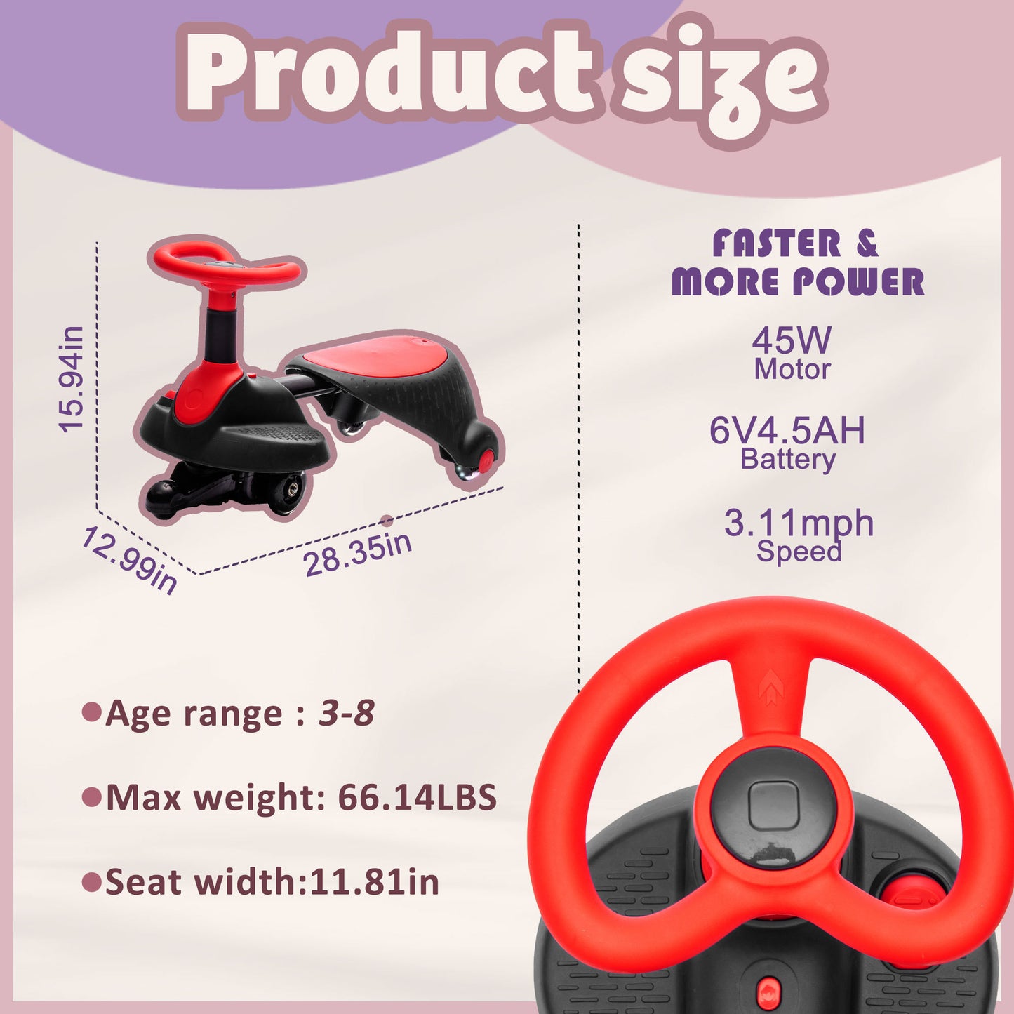 Kids 6V electric ride-on car with flashing PU wheels and retractable seat for fun driving on white background