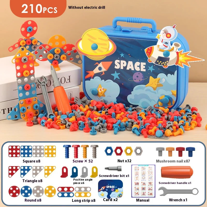 Kids Electric Screw Tool Box β 210 to 220 PCS DIY Construction Toy Set with Optional Electric Drill for Creative Building Play