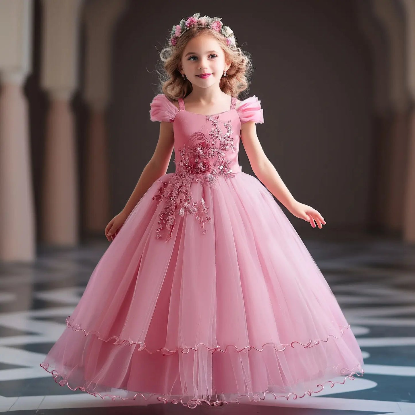 Radiant Royalty: Appliquéd Flower Princess Gown - The Little Big Store
