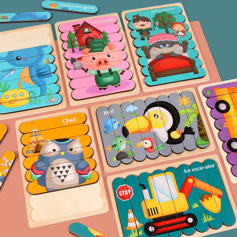 🧩 Wonder Woodies™: Cartoon Animal Double-sided Strip Wooden Puzzles 🐾 - The Little Big Store