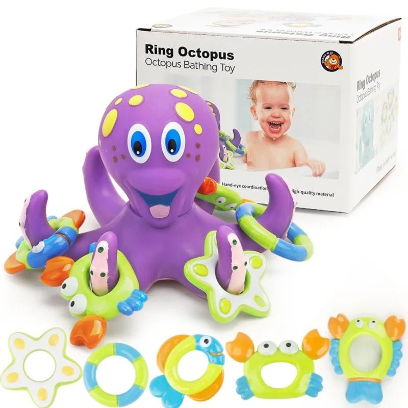 OctoHoops™: Floating Purple Octopus Bath Toy with 3 Hoopla Rings
