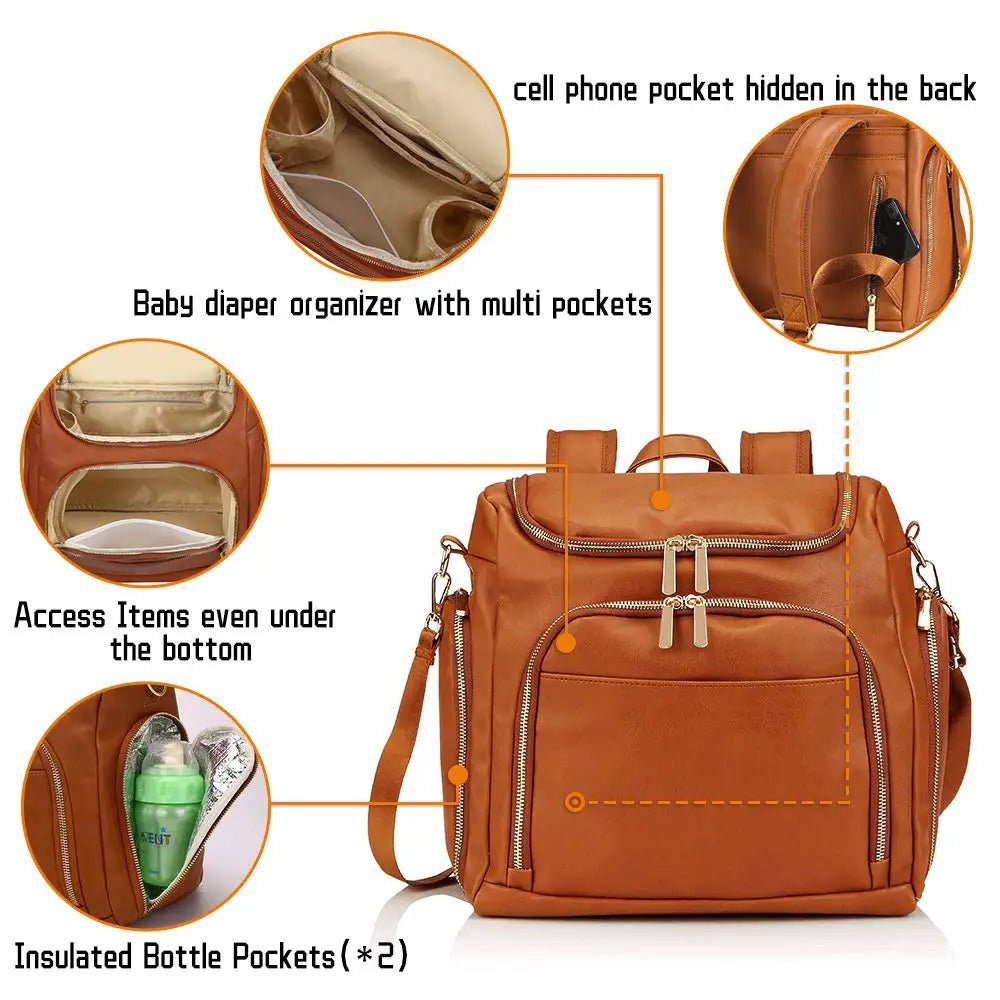 Premium 7-in-1 Diaper Bag: Solid PU Leather Maternity Backpack with Large Capacity, Travel-Ready Features, and Changing Pad - The Little Big Store