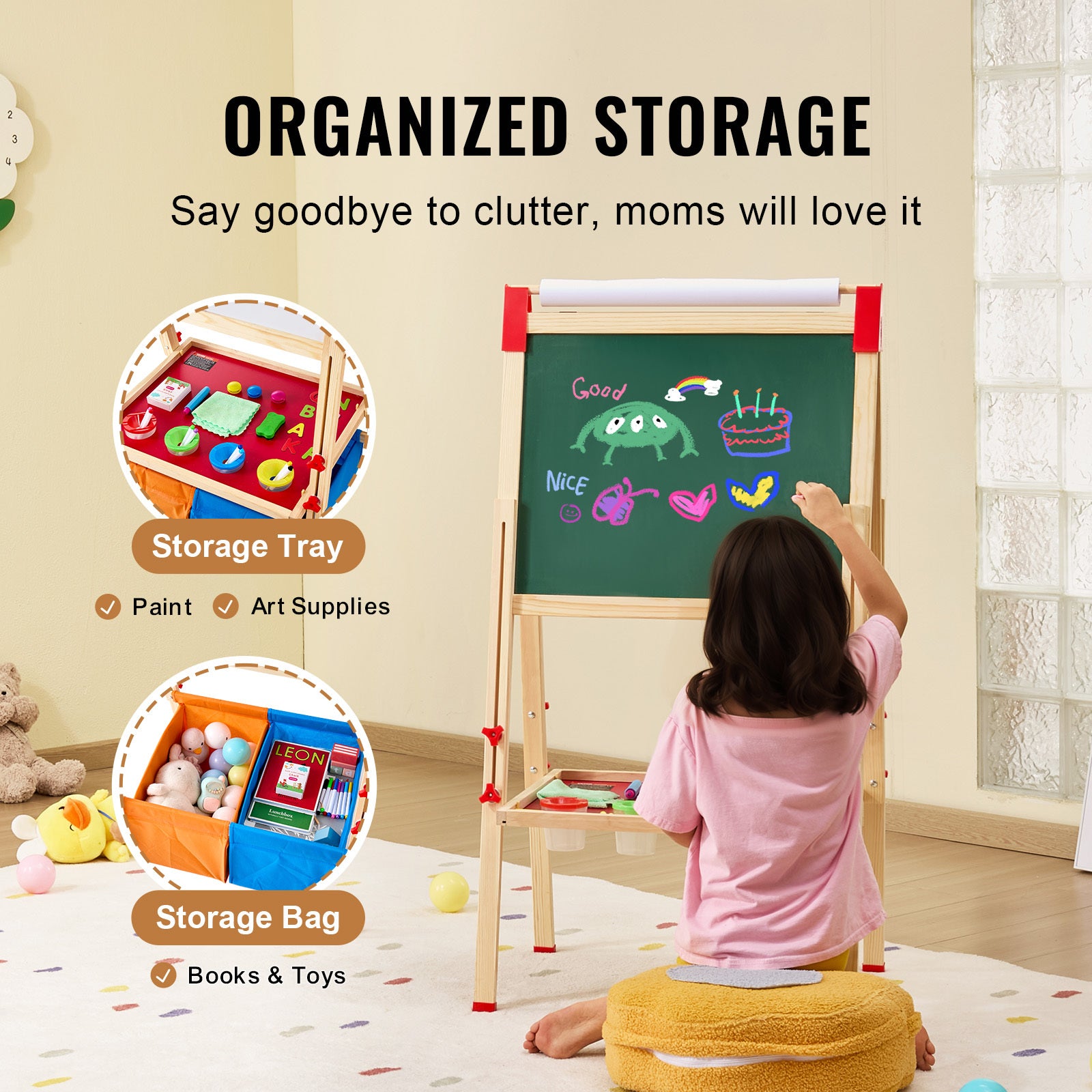 3-in-1 Kids Art Easel Double-Sided Wooden Magnetic Whiteboard Chalkboard