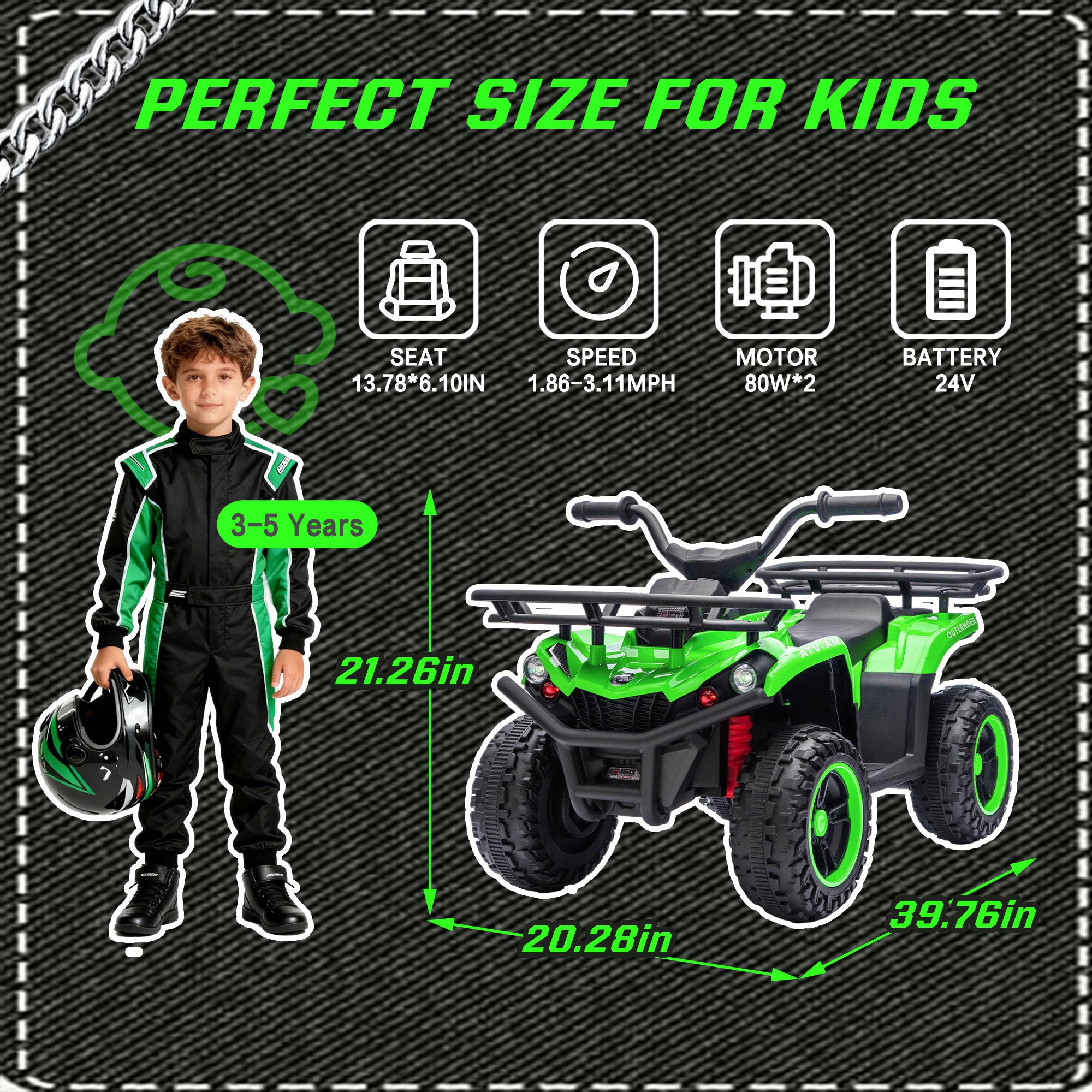 24V Kids Ride-On ATV – Dual 80W Motors, Bluetooth, LED Lights & Storage (Ages 3–5)