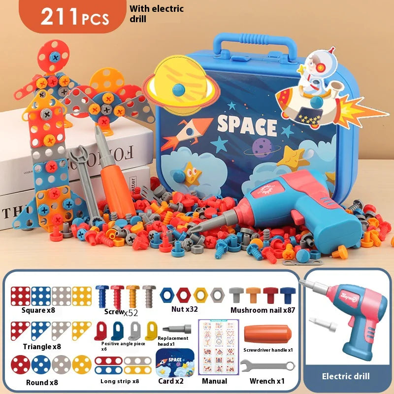 Kids Electric Screw Tool Box – 210 to 220 PCS DIY Construction Toy Set with Optional Electric Drill for Creative Building Play