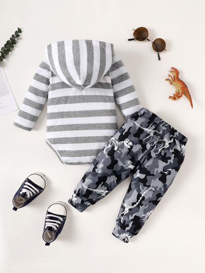Children's Striped Hooded Bodysuit and Camouflage Pants Set - The Little Big Store