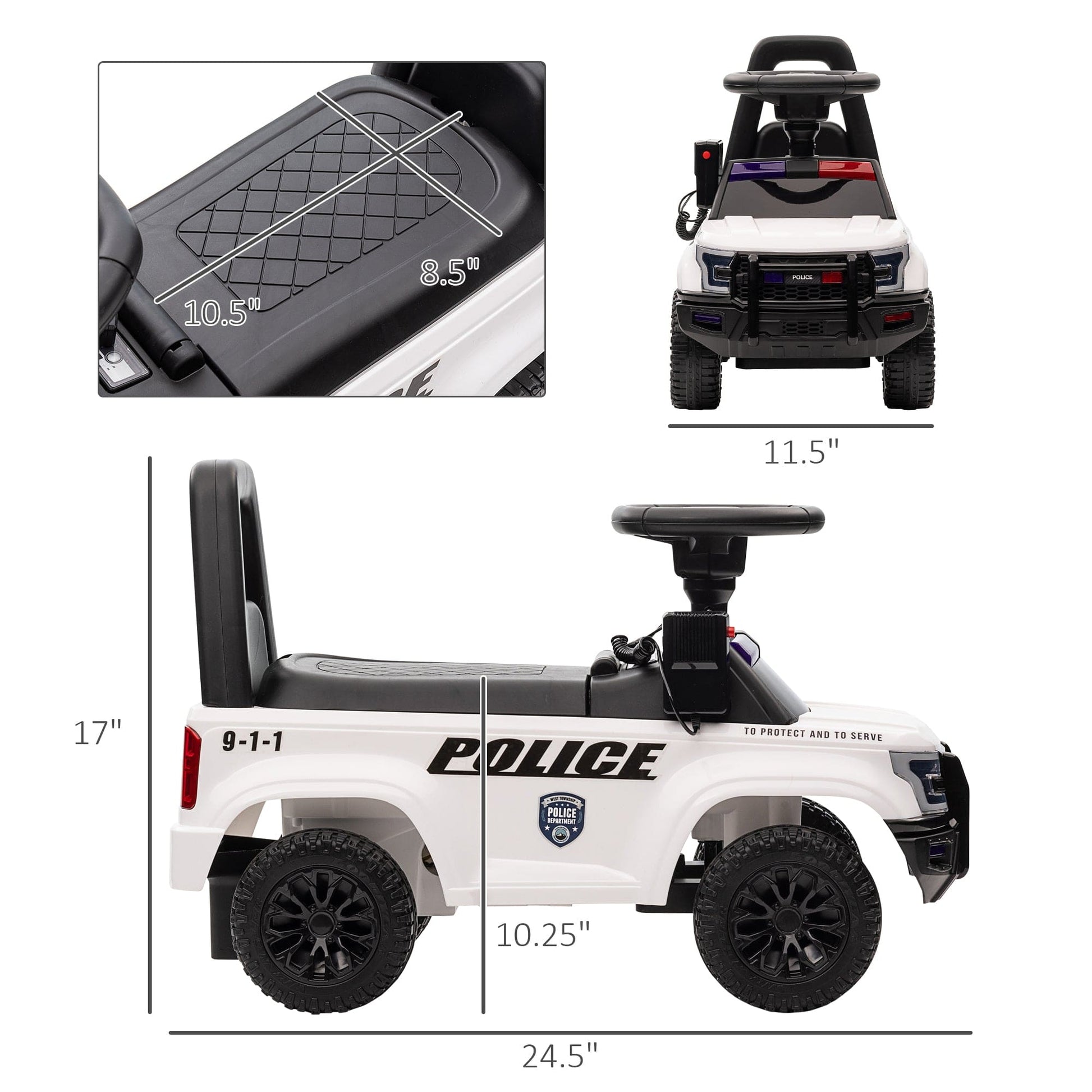 Kids Push Ride On Car with Working PA System and Horn, Police Truck Style Foot-to-Floor Sliding Car for Boys and Girls with Under-Seat Storage, for 18 Months to 5 Years Old, White - The Little Big Store